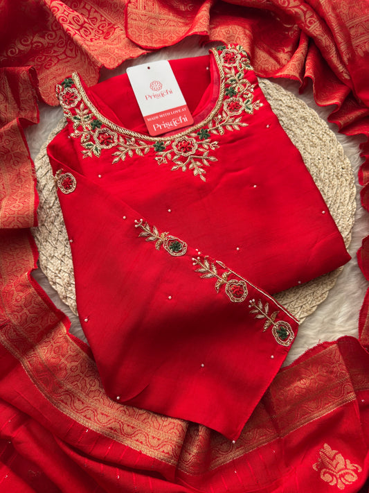 Red Embroidered Kurta Set with Banarasi Dupatta & Pants | Hand Embroidery Ethnic Suit Set - Prisachi Official