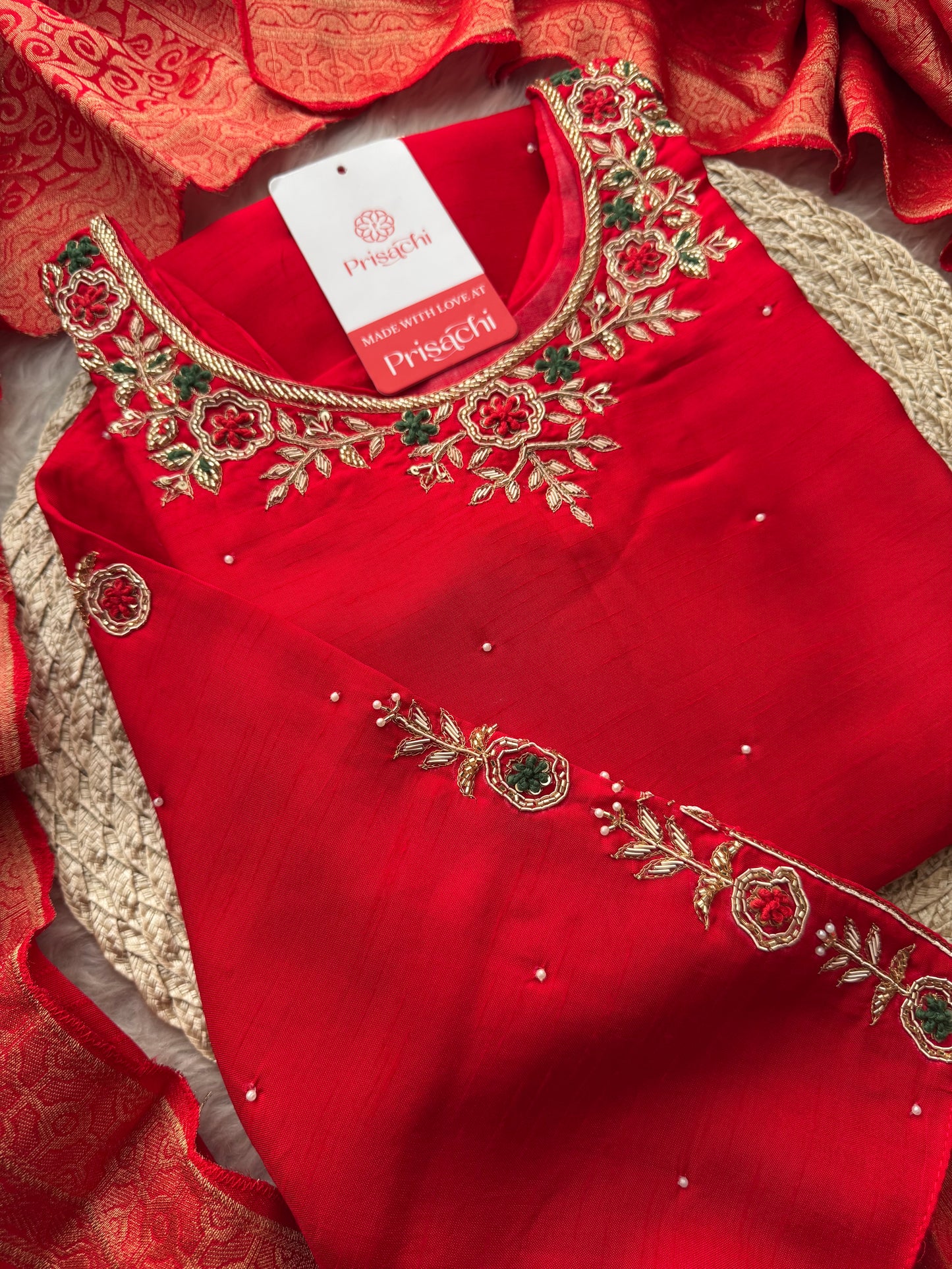 Red Embroidered Kurta Set with Banarasi Dupatta & Pants | Hand Embroidery Ethnic Suit Set - Prisachi Official