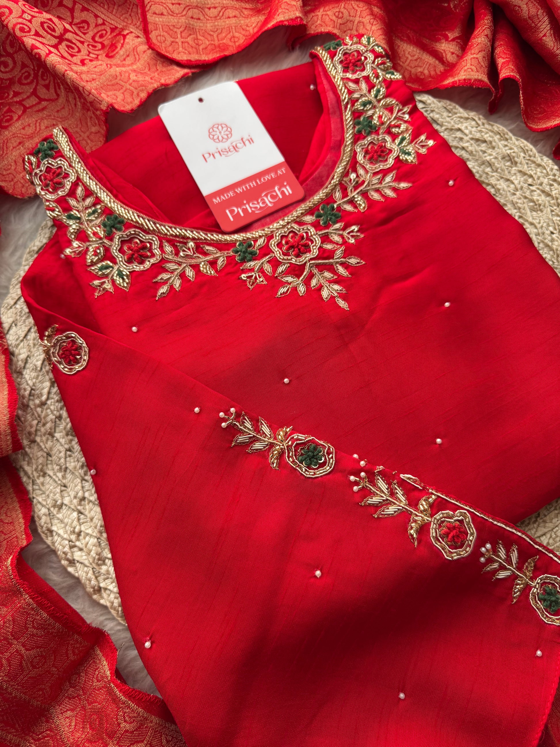 Red Embroidered Kurta Set with Banarasi Dupatta & Pants | Hand Embroidery Ethnic Suit Set - Prisachi Official