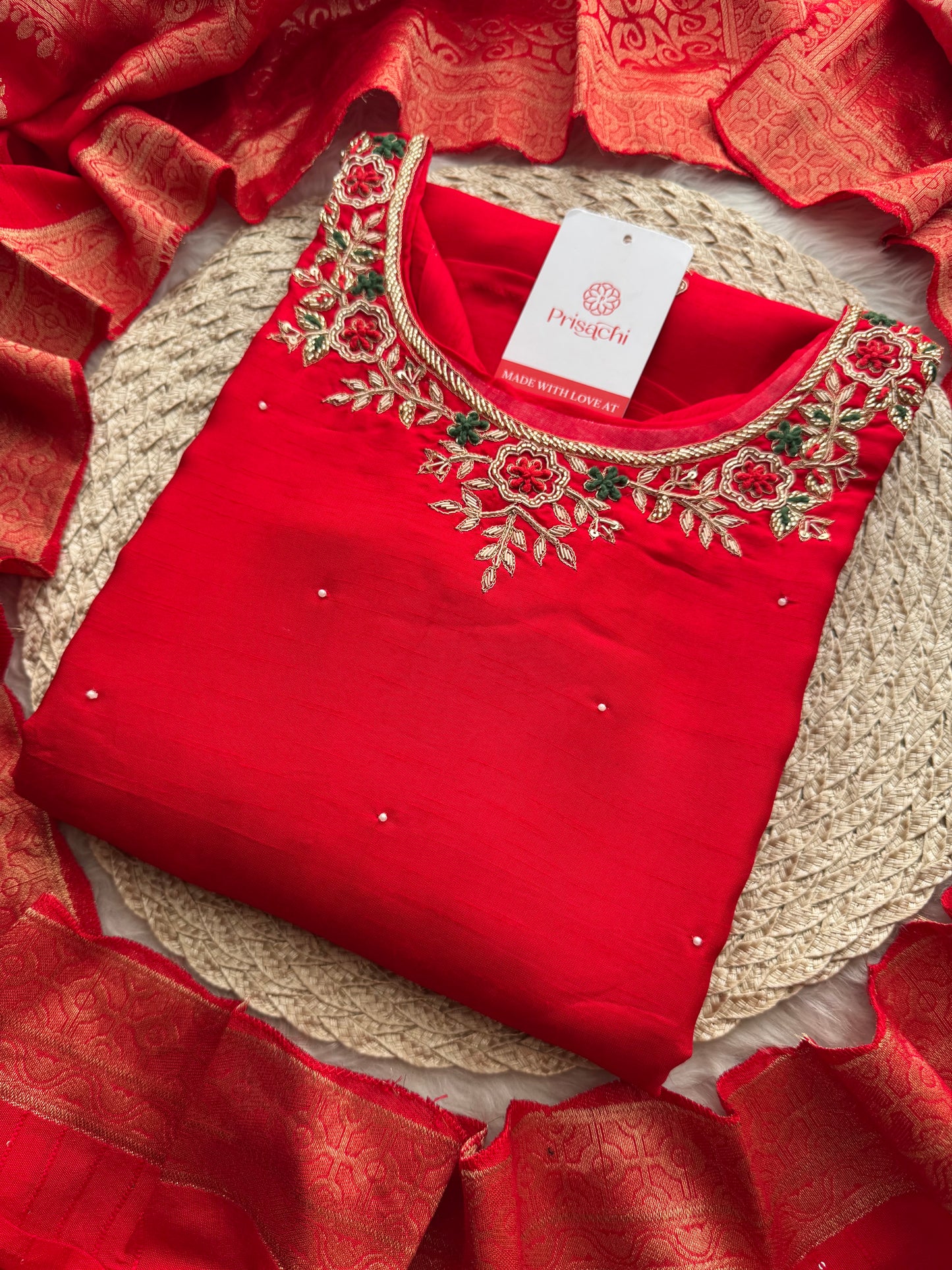 Red Embroidered Kurta Set with Banarasi Dupatta & Pants | Hand Embroidery Ethnic Suit Set - Prisachi Official