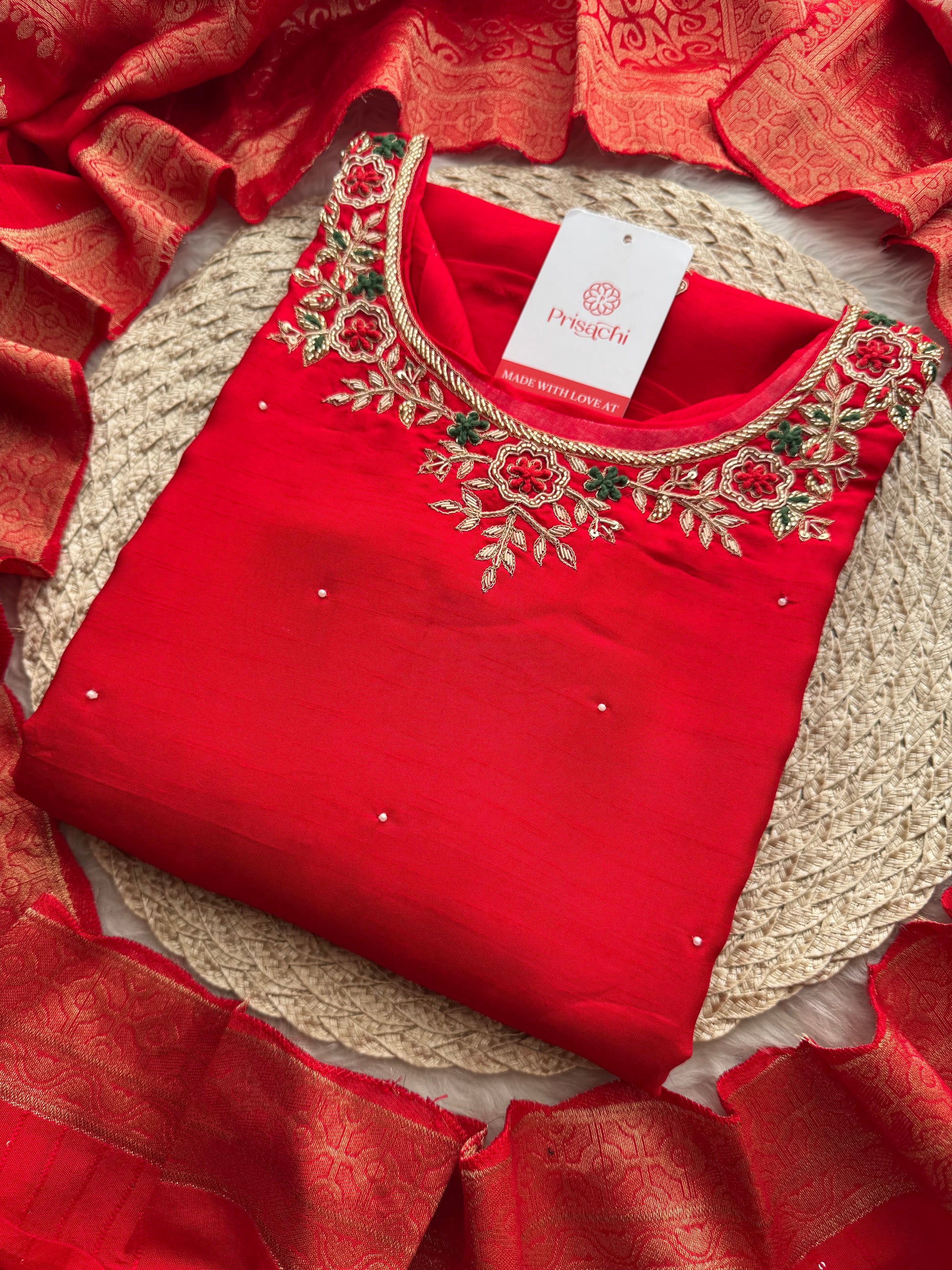 Red Embroidered Kurta Set with Banarasi Dupatta & Pants | Hand Embroidery Ethnic Suit Set - Prisachi Official