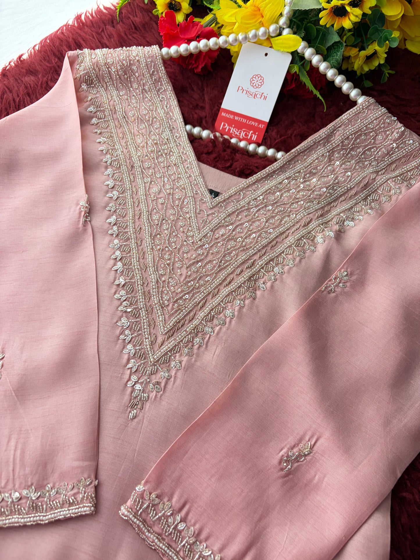Pink Zardozi Embroidered Kurta Set for Women with Pants & Dupatta | Festive Ethnic wear