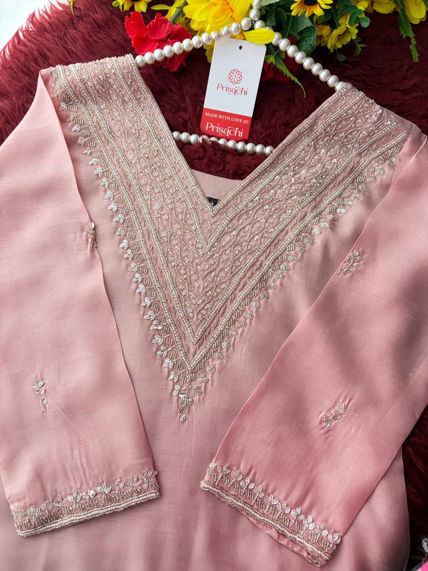 Pink Zardozi Embroidered Kurta Set for Women with Pants & Dupatta | Festive Ethnic wear