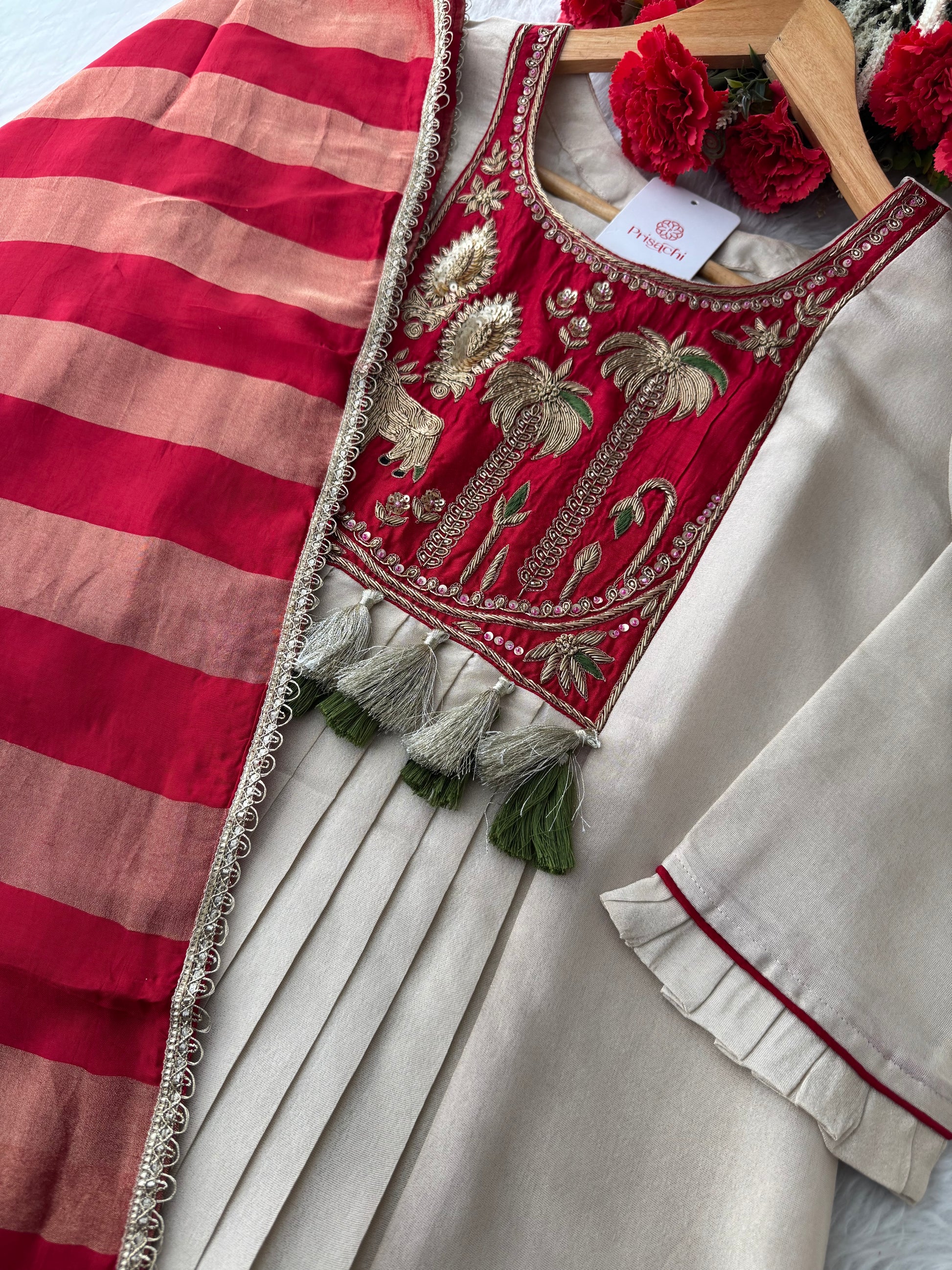 Women Cream Embroidered A-Line Kurta Set with Pants & Red Dupatta | Designer Festive Ethnic Wear Suit Set - Prisachi Official