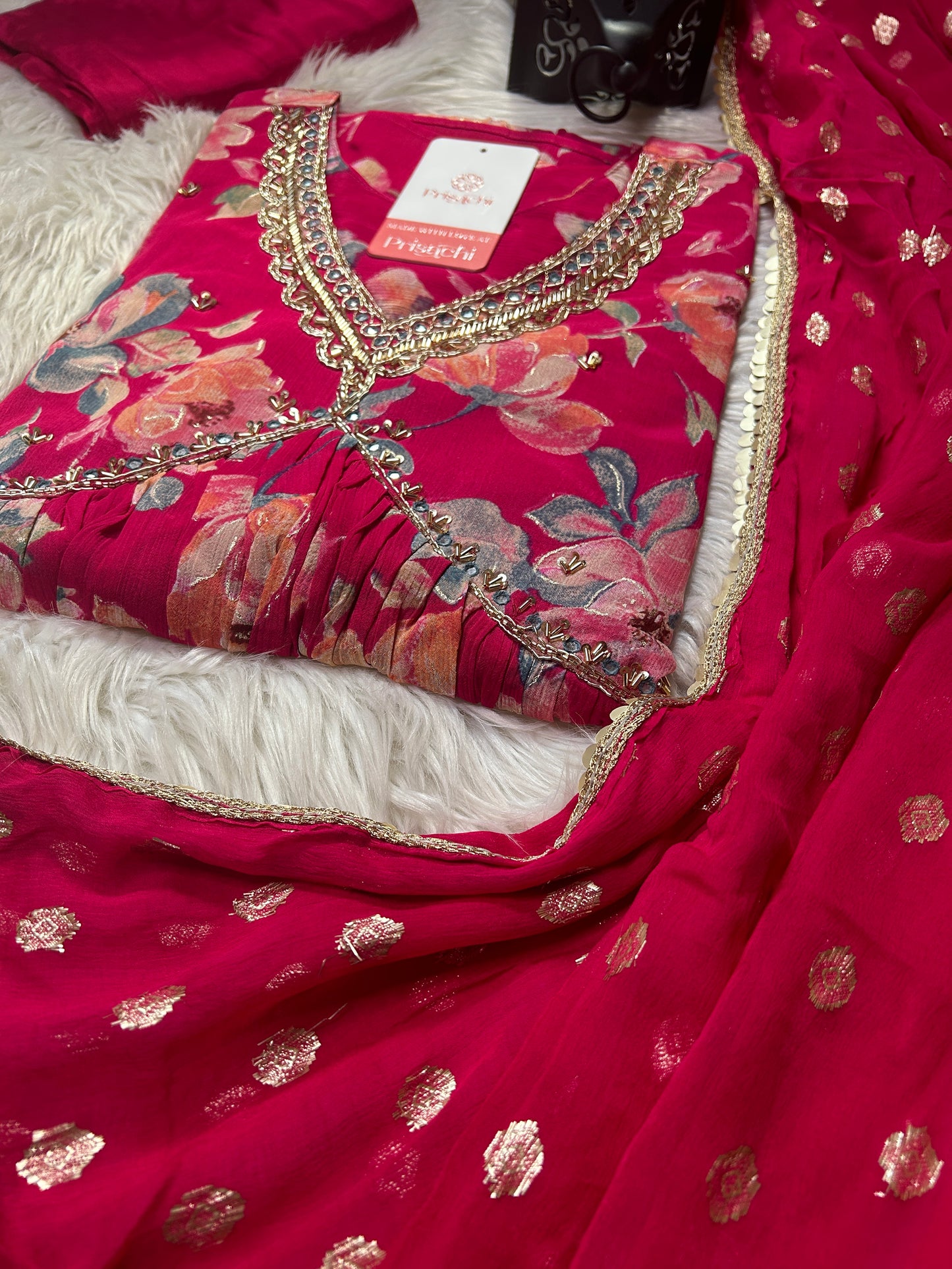 Pink Chinon floral print Alia cut Anarkali dress without duppata