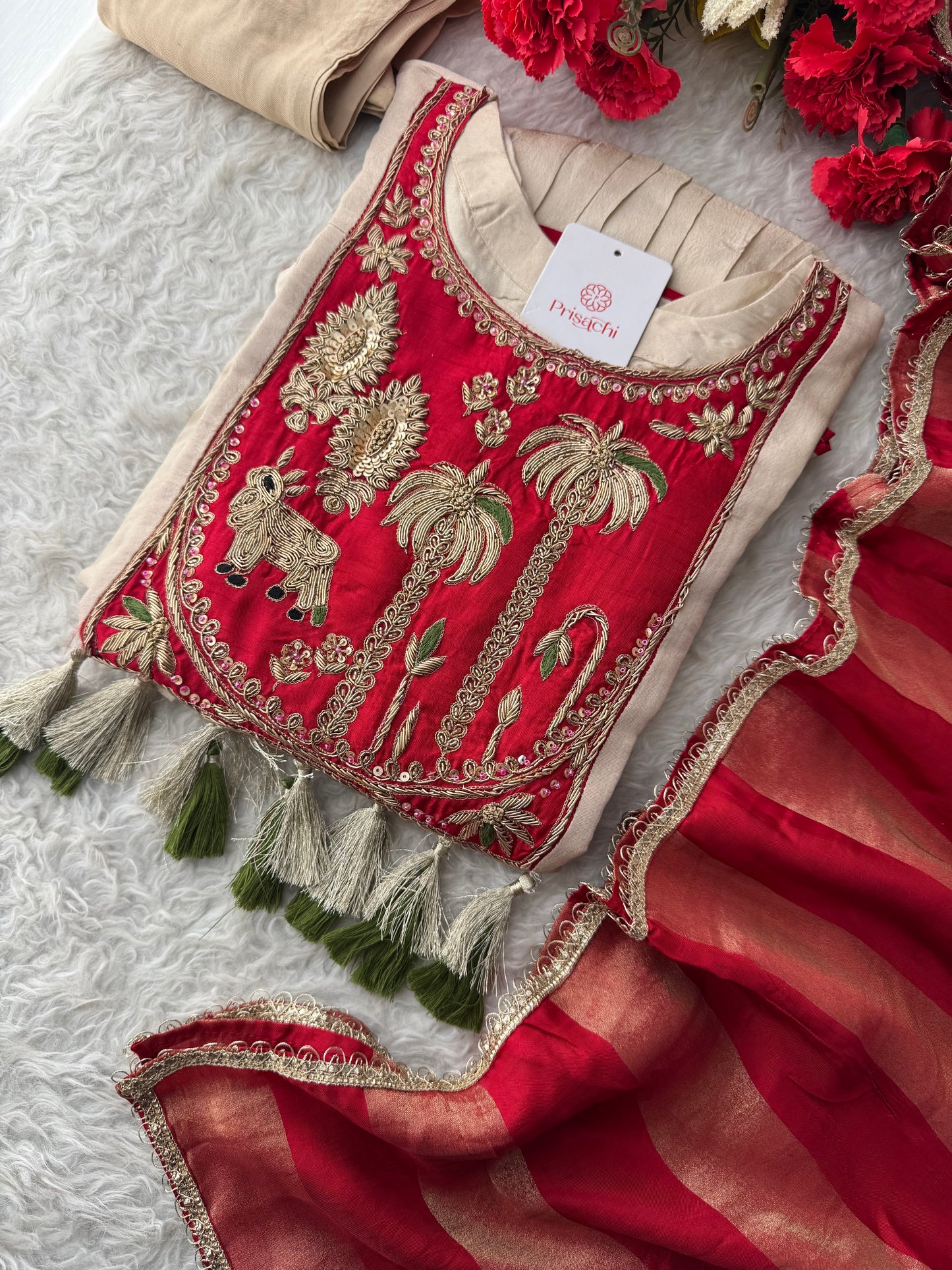 Women Cream Embroidered A-Line Kurta Set with Pants & Red Dupatta | Designer Festive Ethnic Wear Suit Set - Prisachi Official
