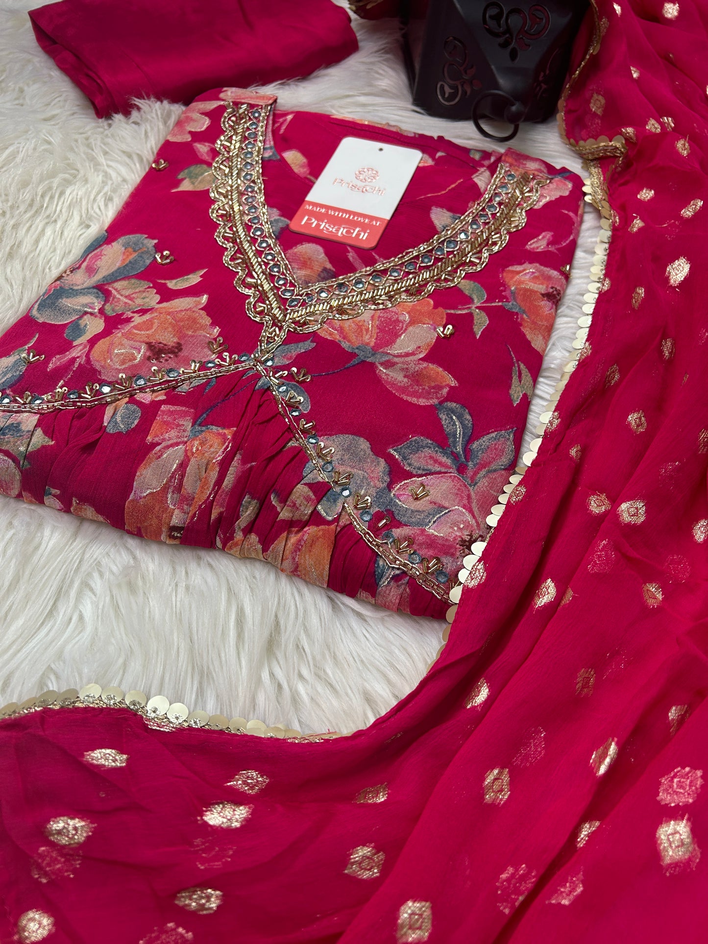 Pink Chinon floral print Alia cut Anarkali dress without duppata
