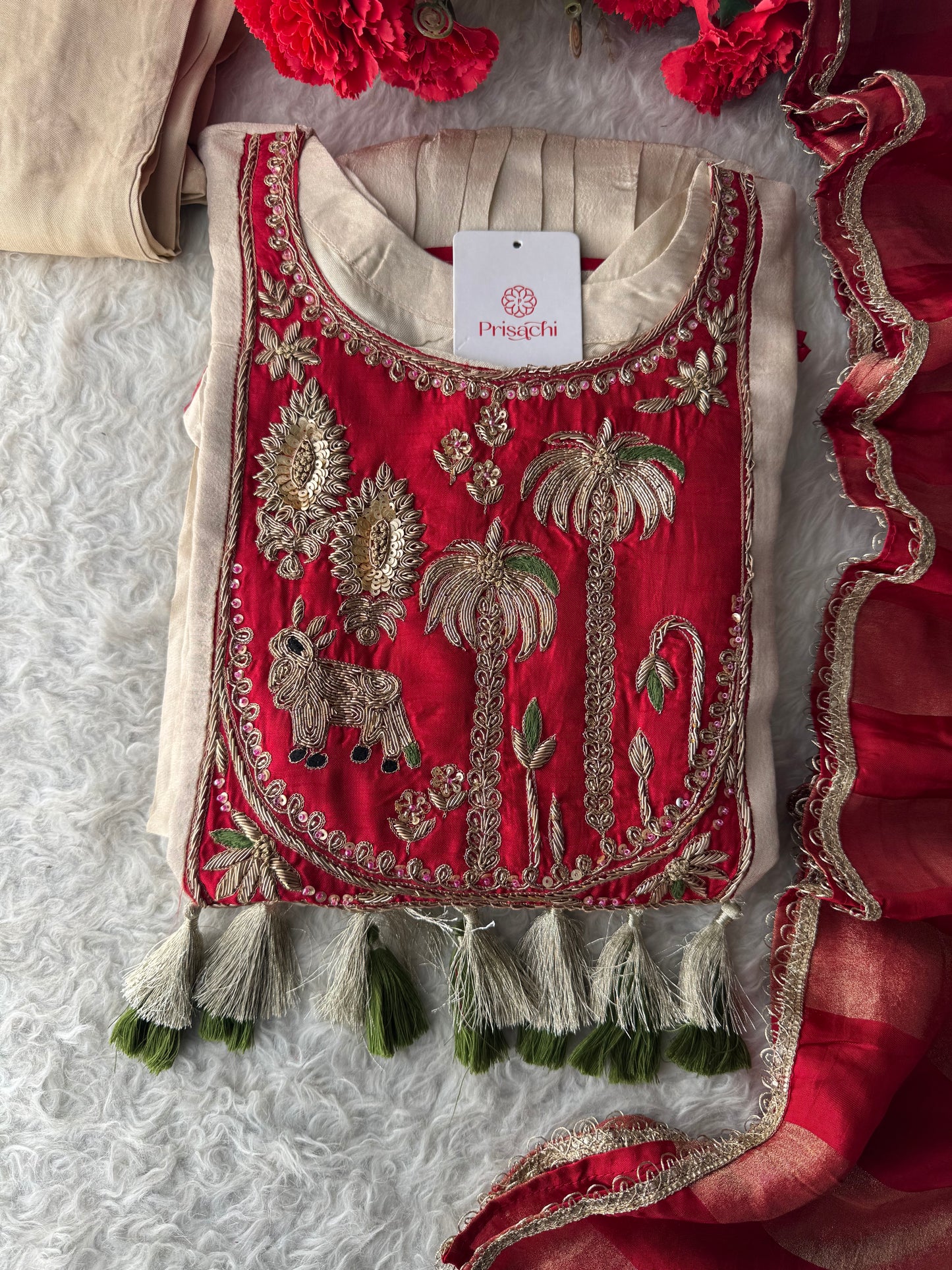 Women Cream Embroidered A-Line Kurta Set with Pants & Red Dupatta | Designer Festive Ethnic Wear Suit Set - Prisachi Official
