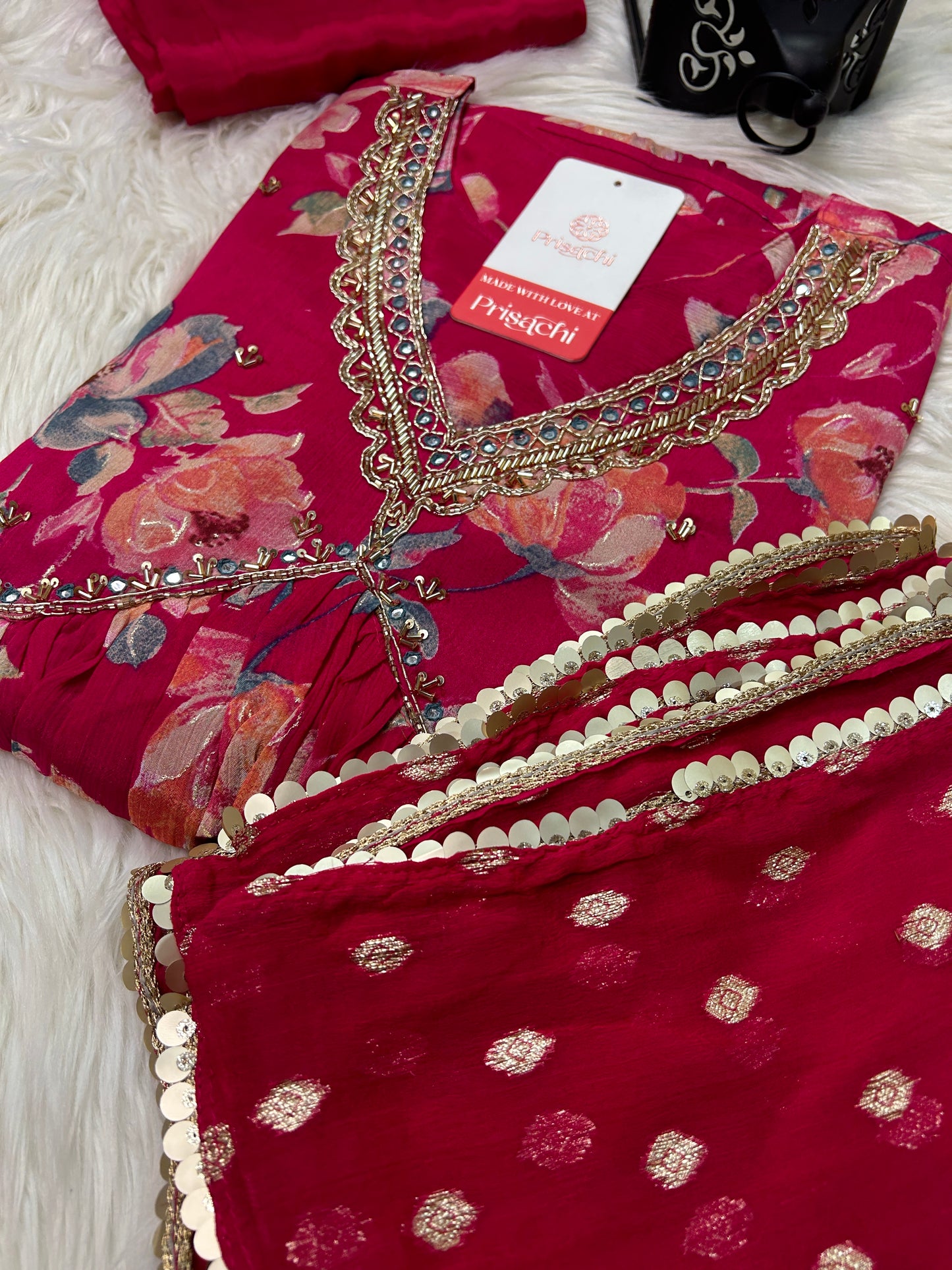 Pink Chinon floral print Alia cut Anarkali dress without duppata