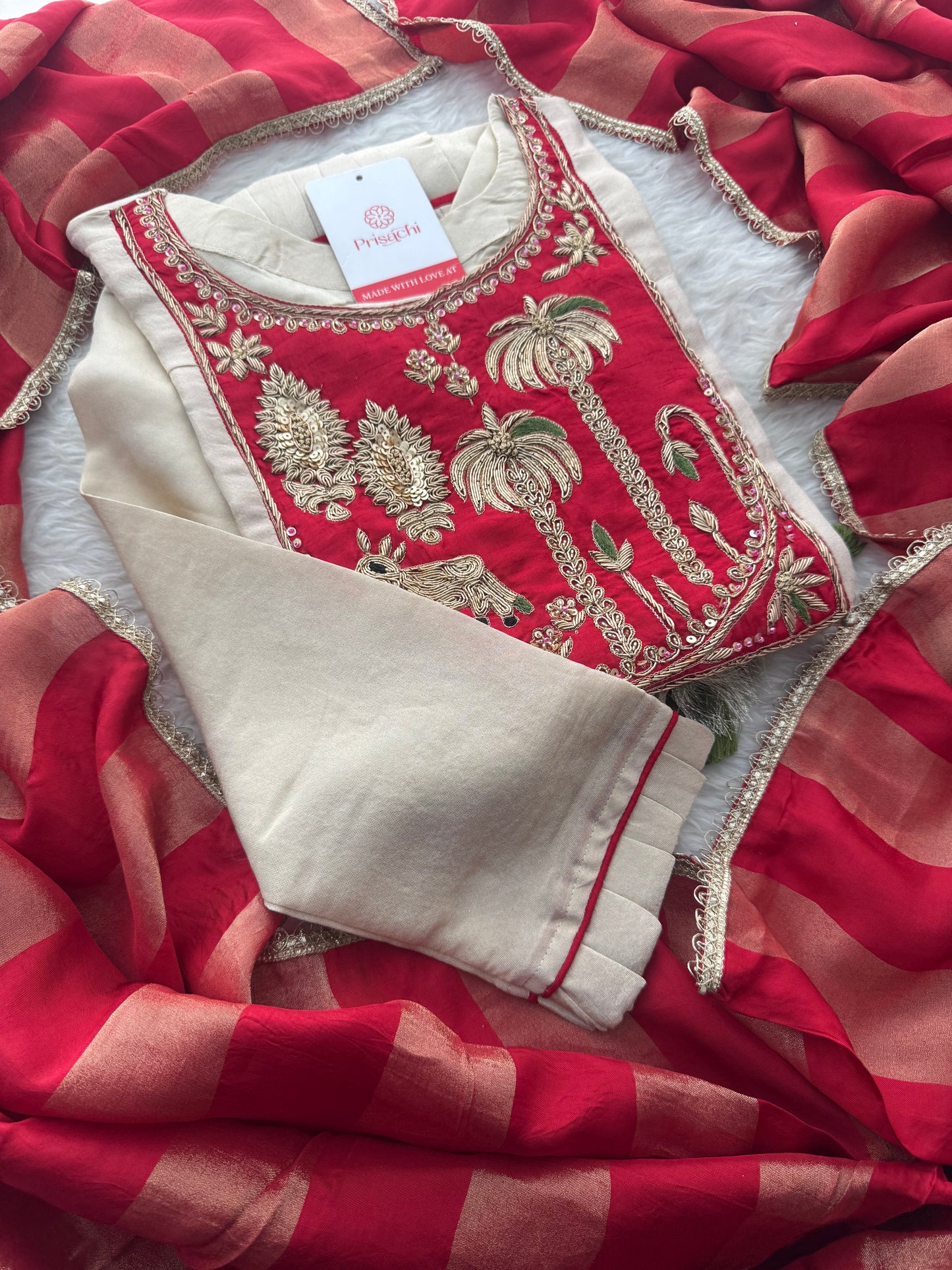 Women Cream Embroidered A-Line Kurta Set with Pants & Red Dupatta | Designer Festive Ethnic Wear Suit Set - Prisachi Official