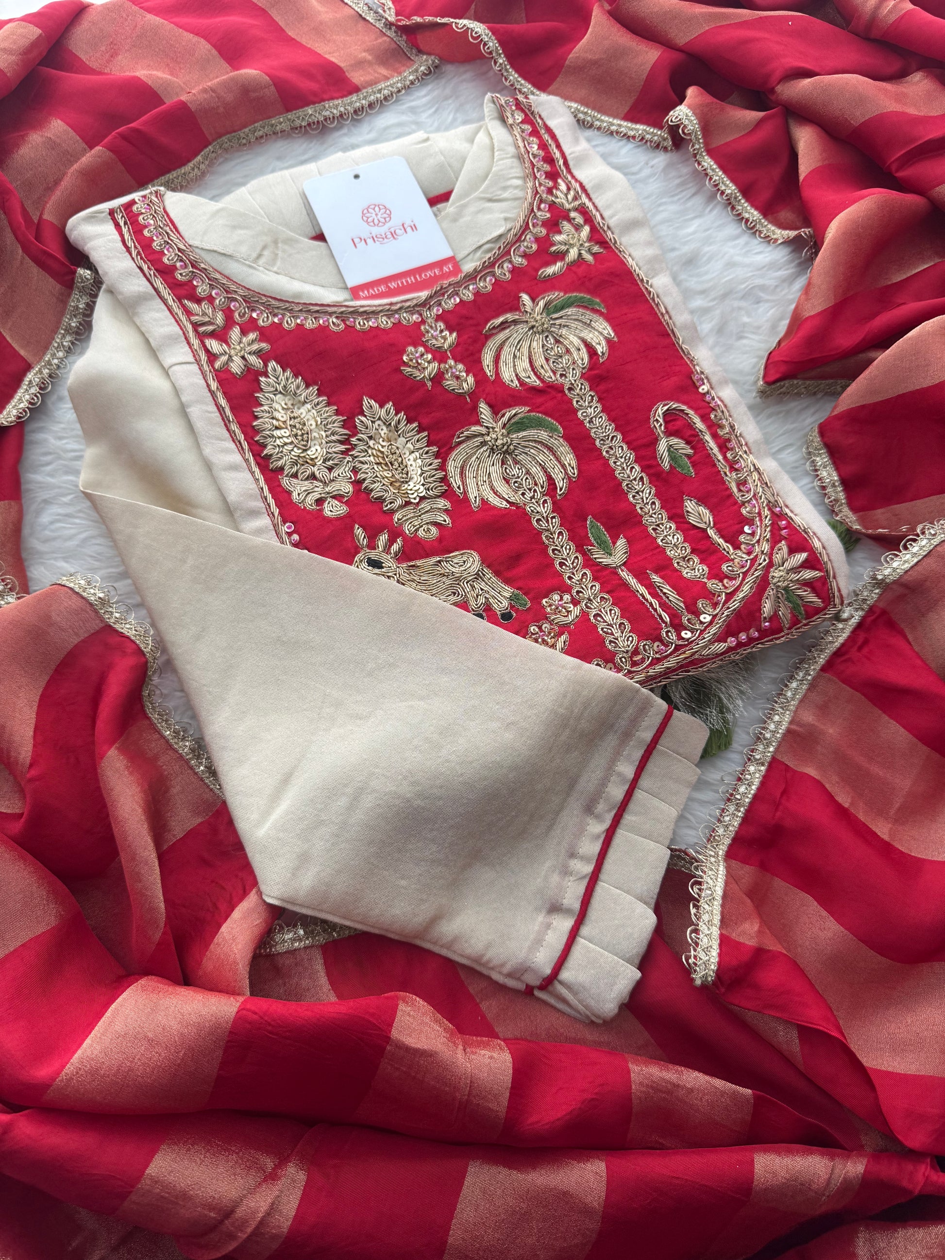 Women Cream Embroidered A-Line Kurta Set with Pants & Red Dupatta | Designer Festive Ethnic Wear Suit Set - Prisachi Official