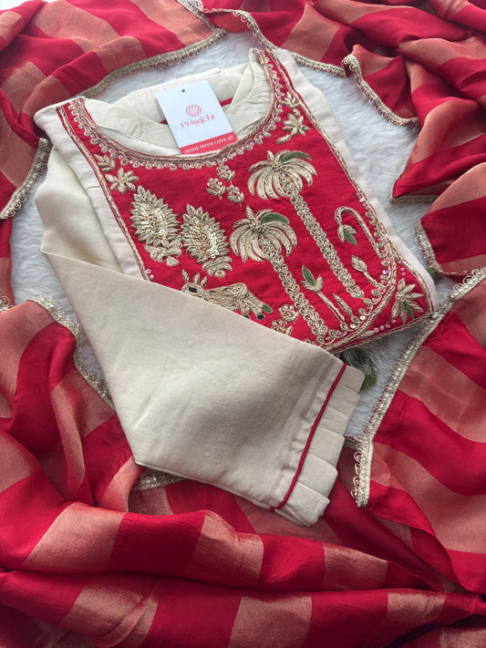 Women Cream Embroidered A-Line Kurta Set with Pants & Red Dupatta | Designer Festive Ethnic Wear Suit Set - Prisachi Official