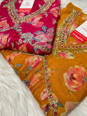Yellow Chinon floral print Alia cut Anarkali dress