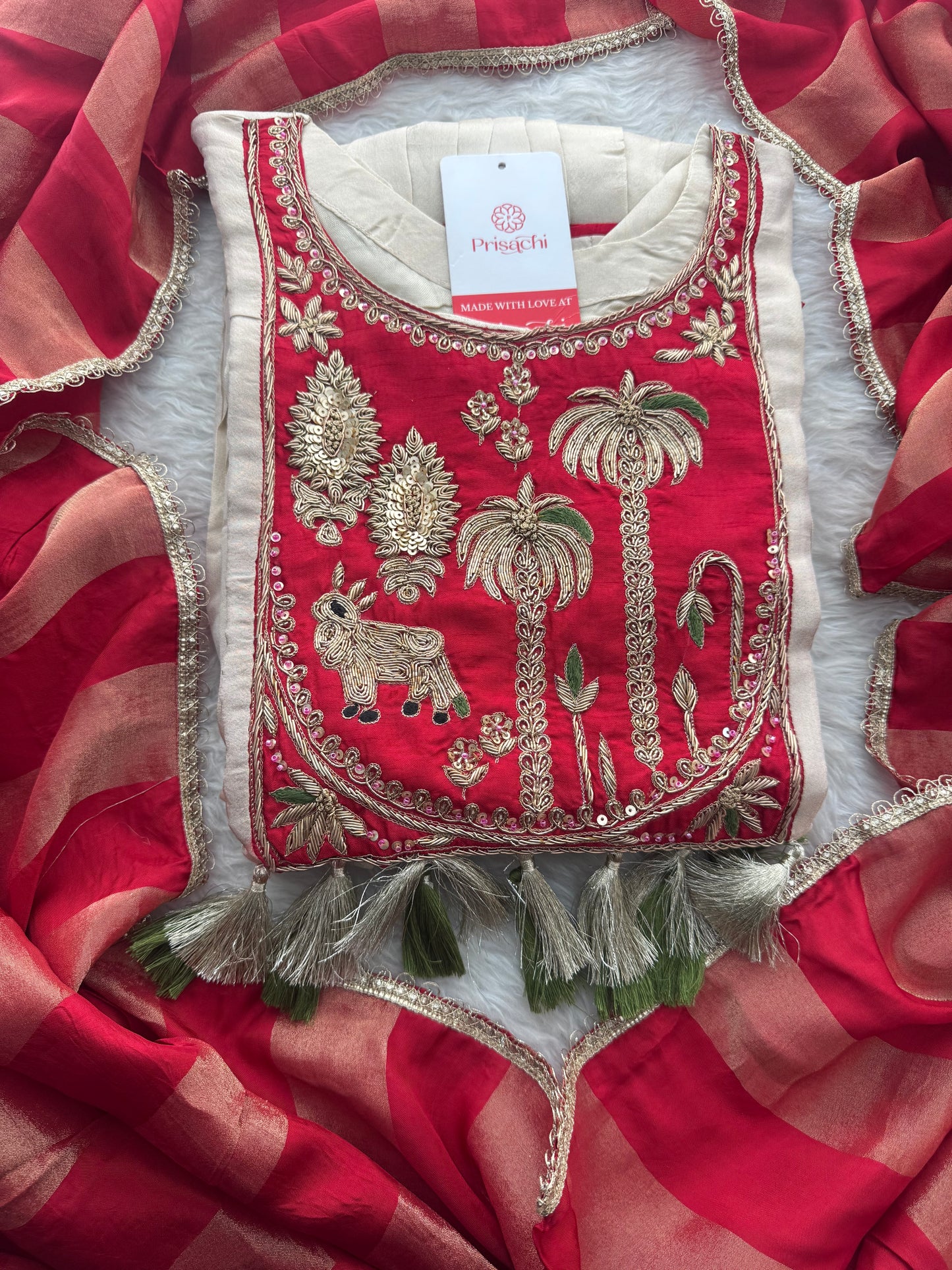 Women Cream Embroidered A-Line Kurta Set with Pants & Red Dupatta | Designer Festive Ethnic Wear Suit Set - Prisachi Official