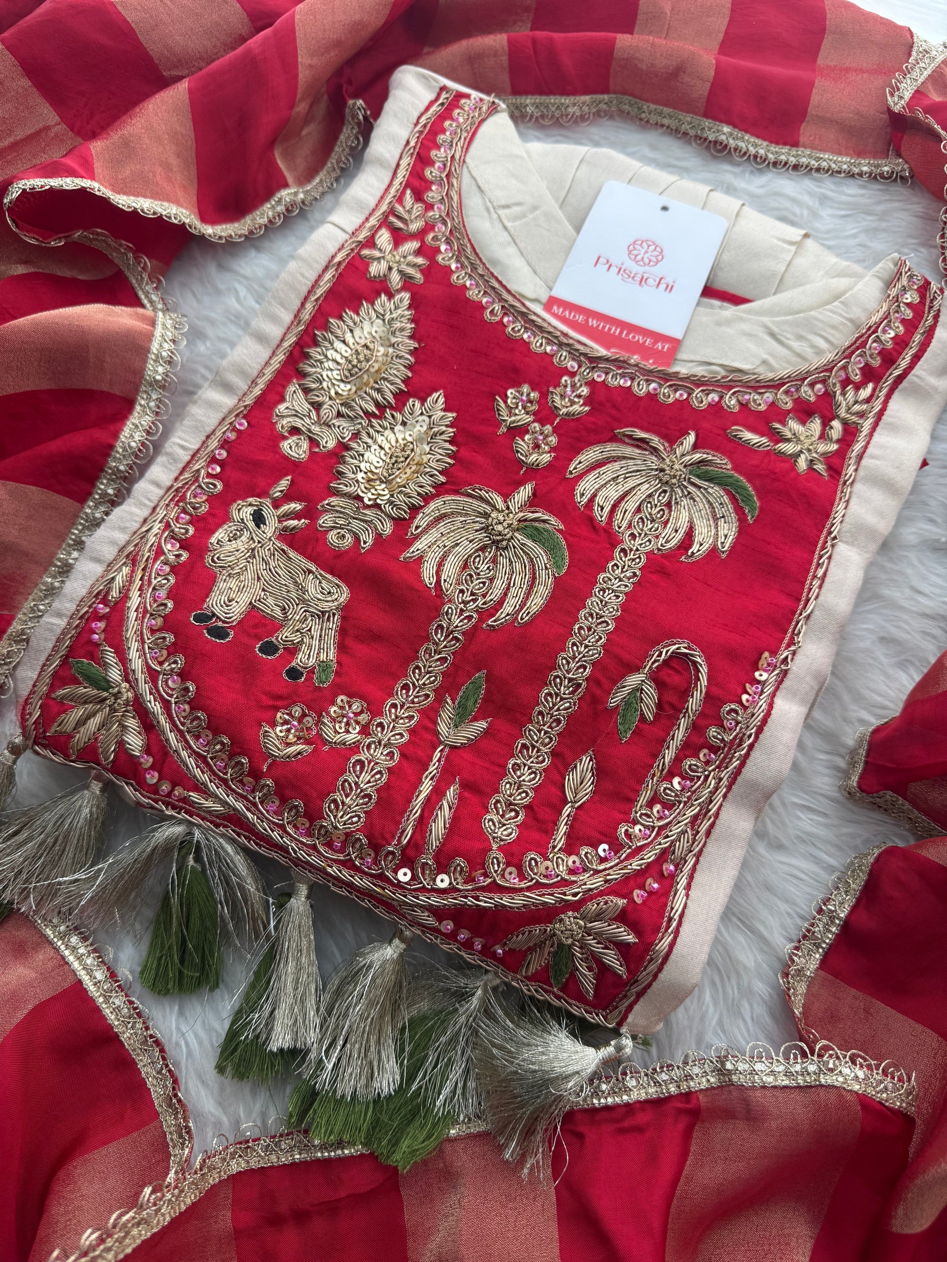 Women Cream Embroidered A-Line Kurta Set with Pants & Red Dupatta | Designer Festive Ethnic Wear Suit Set - Prisachi Official