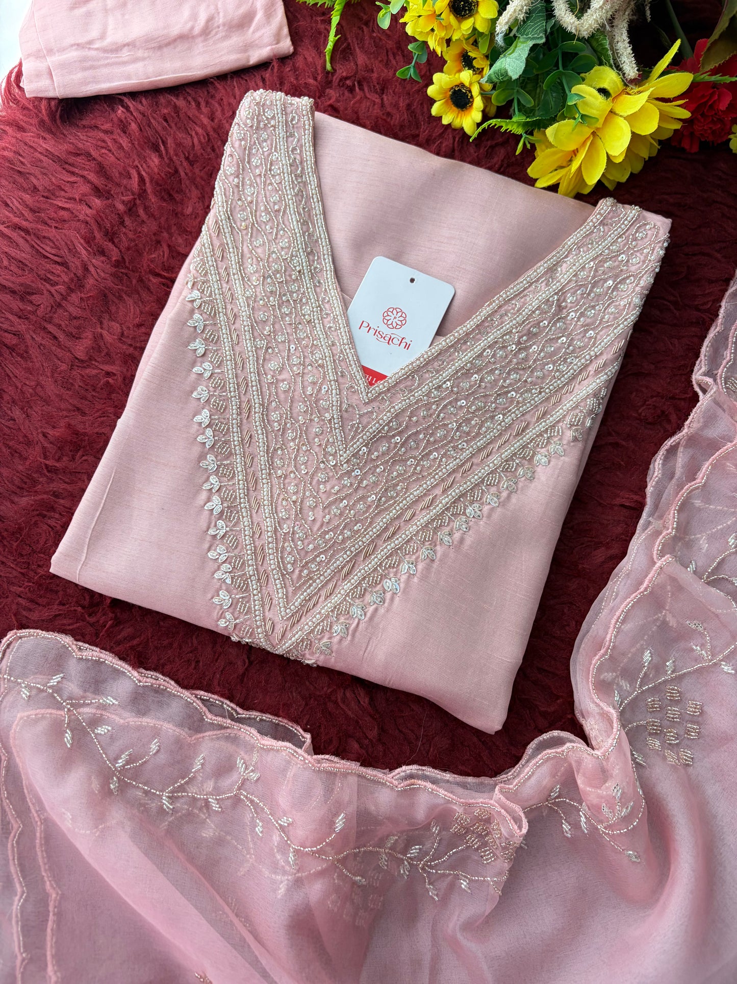 Pink Zardozi Embroidered Kurta Set for Women with Pants & Dupatta | Festive Ethnic wear