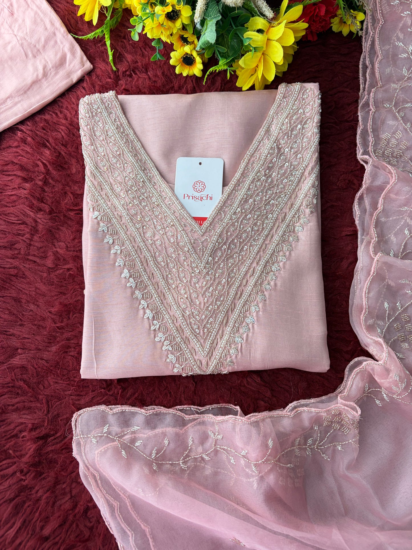 Pink Zardozi Embroidered Kurta Set for Women with Pants & Dupatta | Festive Ethnic wear