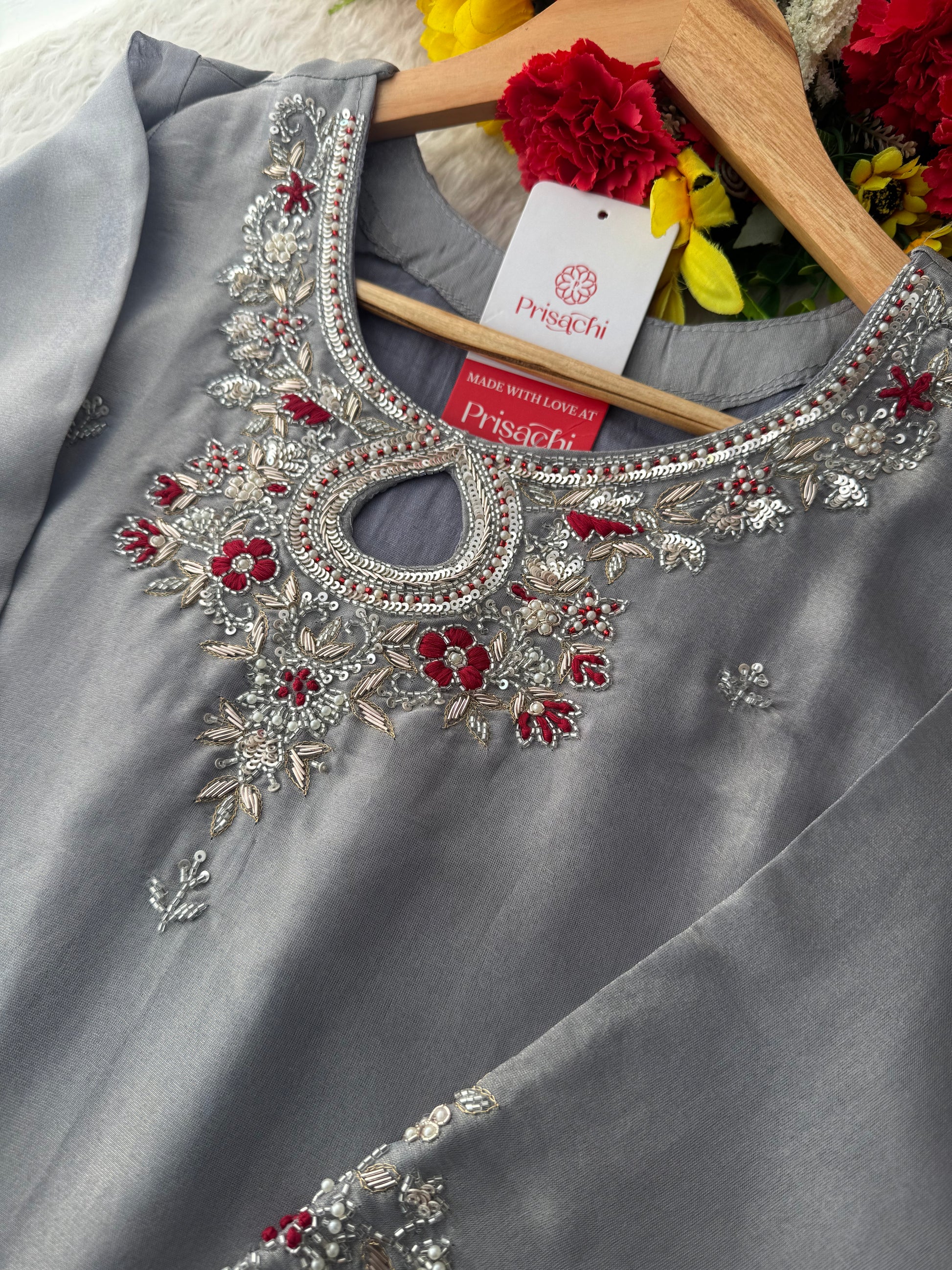 Grey Designer Embroidered Ethnic Kurti Sharara Suit Set with Dupatta | Festive Wedding Wear - Prisachi Official