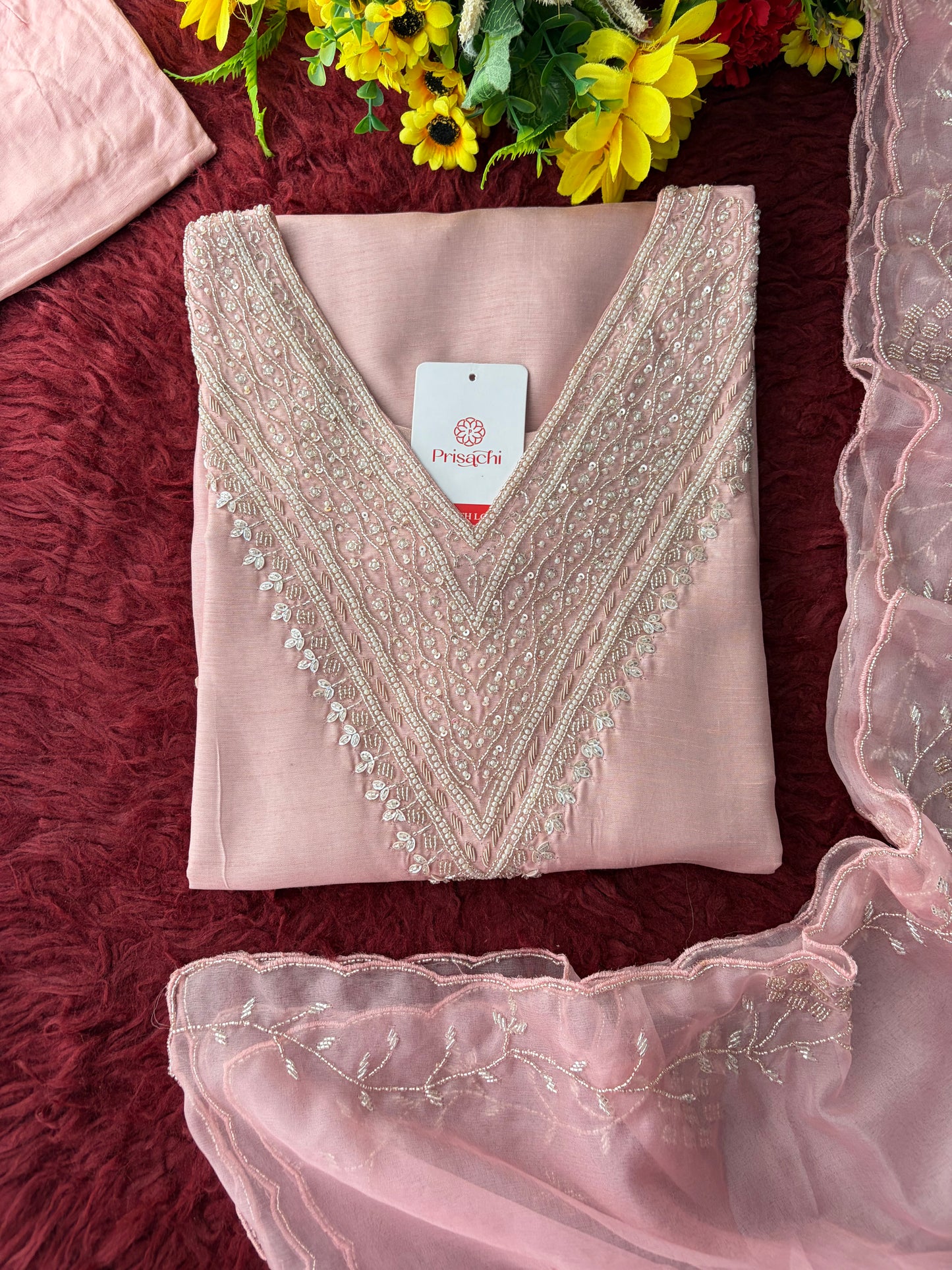 Pink Zardozi Embroidered Kurta Set for Women with Pants & Dupatta | Festive Ethnic wear
