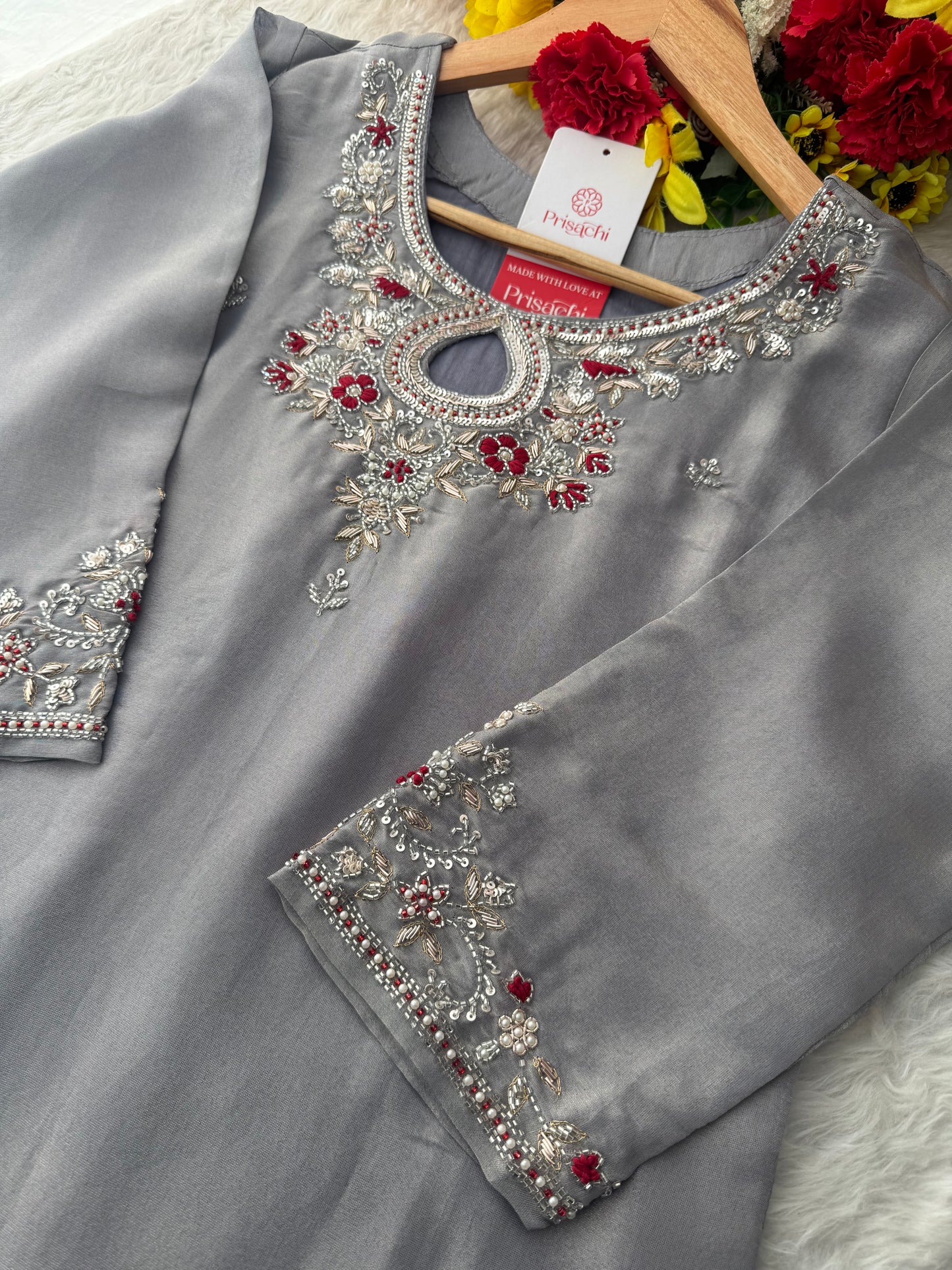 Grey Designer Embroidered Ethnic Kurti Sharara Suit Set with Dupatta | Festive Wedding Wear - Prisachi Official
