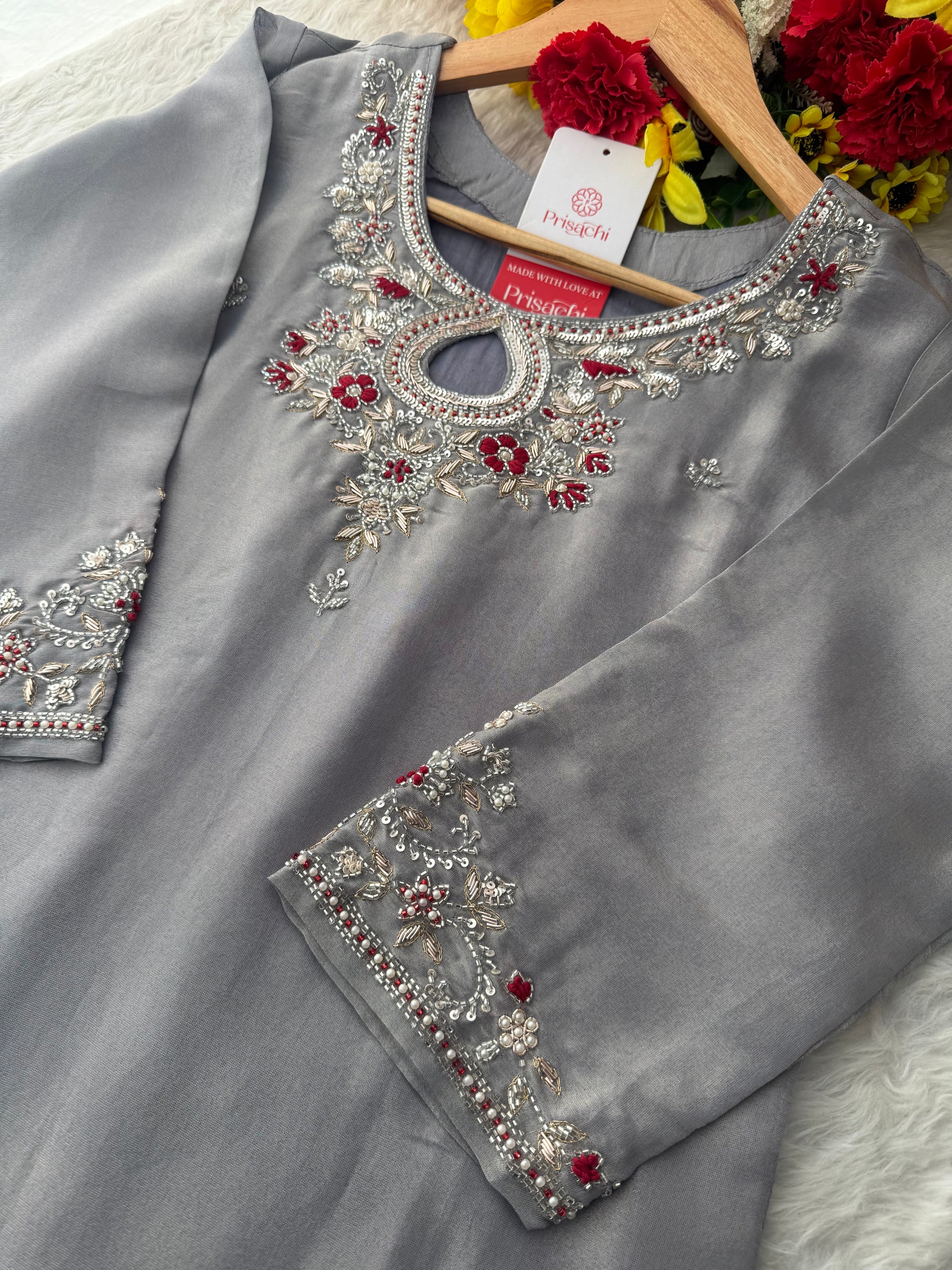 Grey Designer Embroidered Ethnic Kurti Sharara Suit Set with Dupatta | Festive Wedding Wear - Prisachi Official