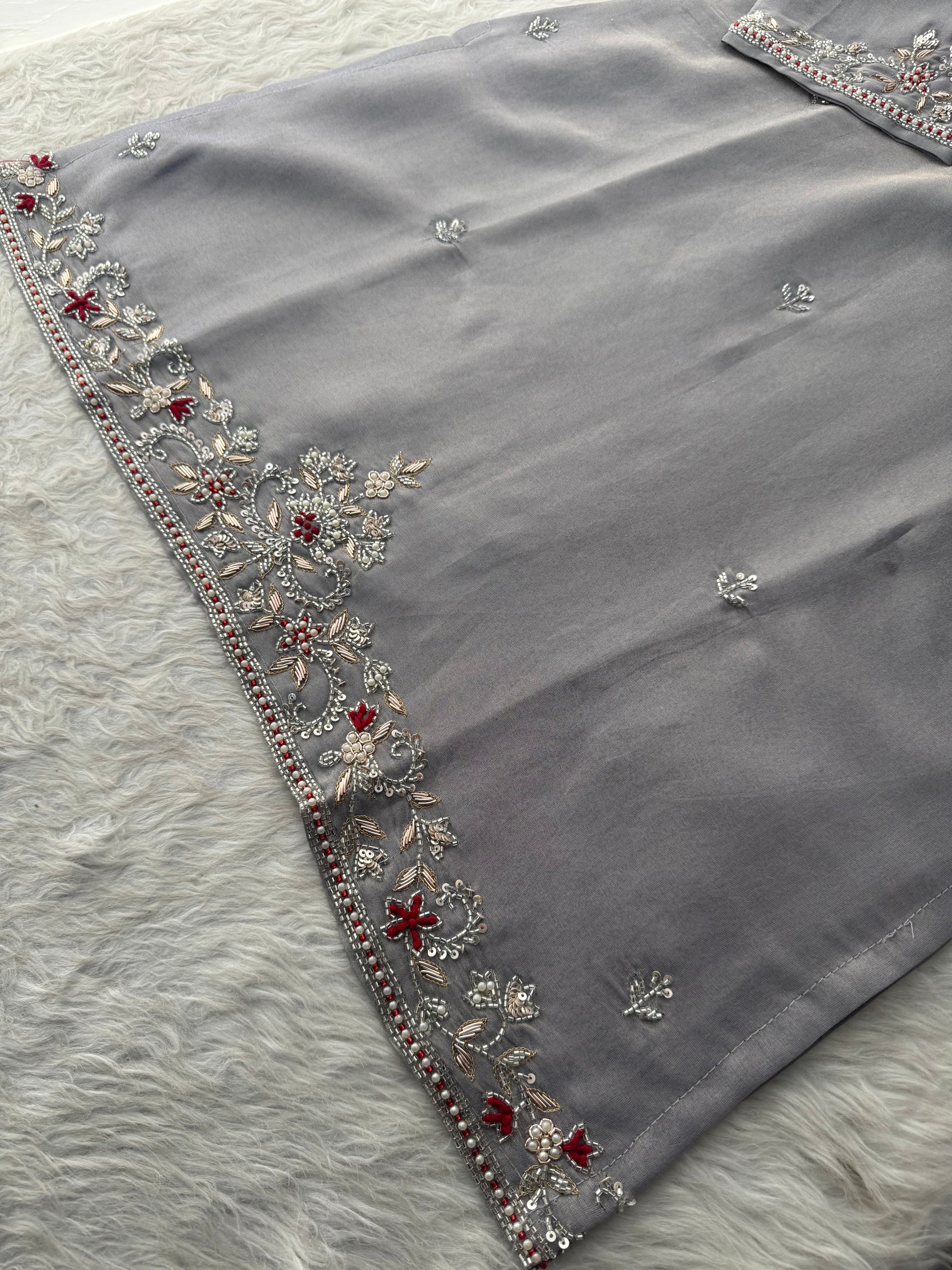 Grey Designer Embroidered Ethnic Kurti Sharara Suit Set with Dupatta | Festive Wedding Wear - Prisachi Official