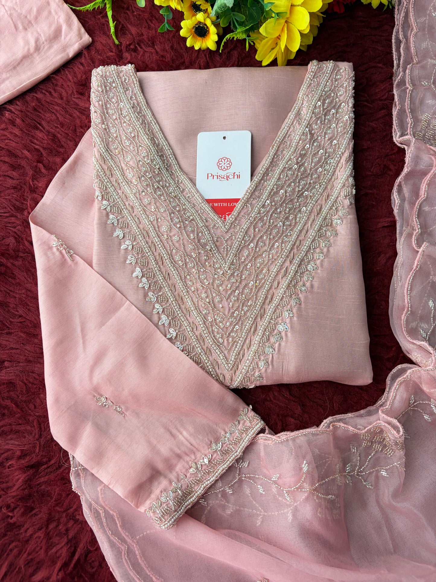 Pink Zardozi Embroidered Kurta Set for Women with Pants & Dupatta | Festive Ethnic wear