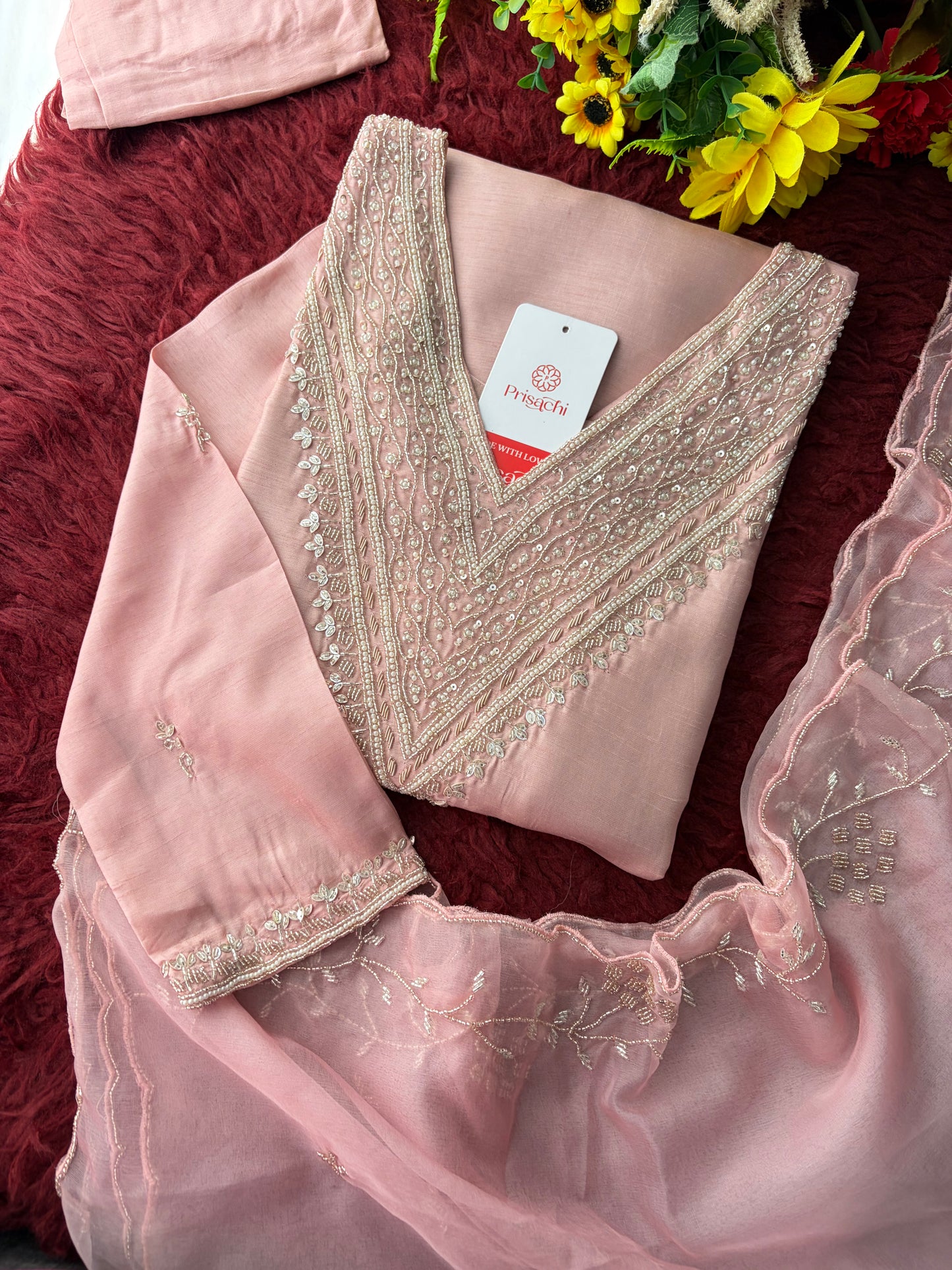 Pink Zardozi Embroidered Kurta Set for Women with Pants & Dupatta | Festive Ethnic wear