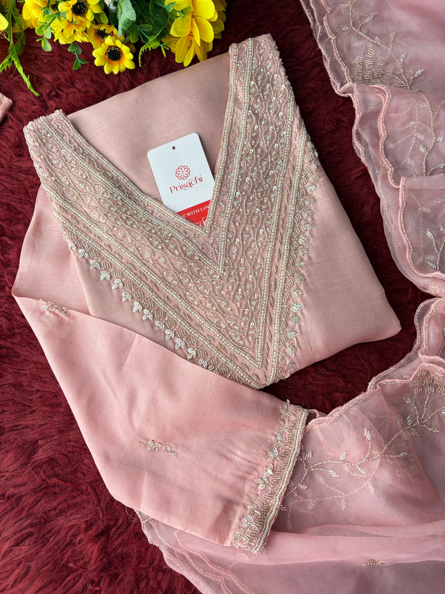 Pink Zardozi Embroidered Kurta Set for Women with Pants & Dupatta | Festive Ethnic wear