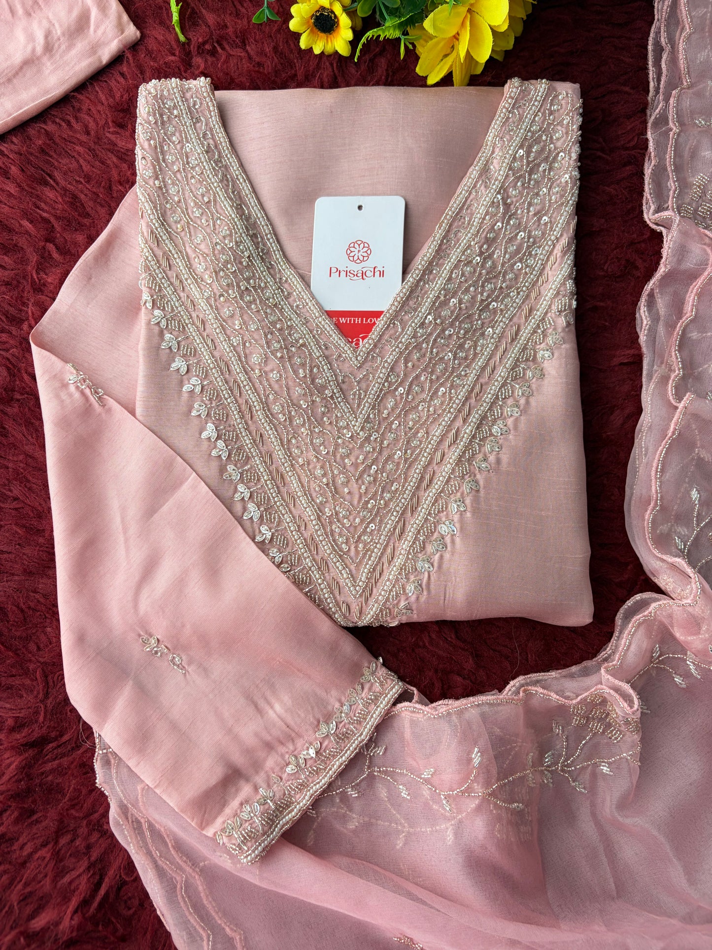 Pink Zardozi Embroidered Kurta Set for Women with Pants & Dupatta | Festive Ethnic wear