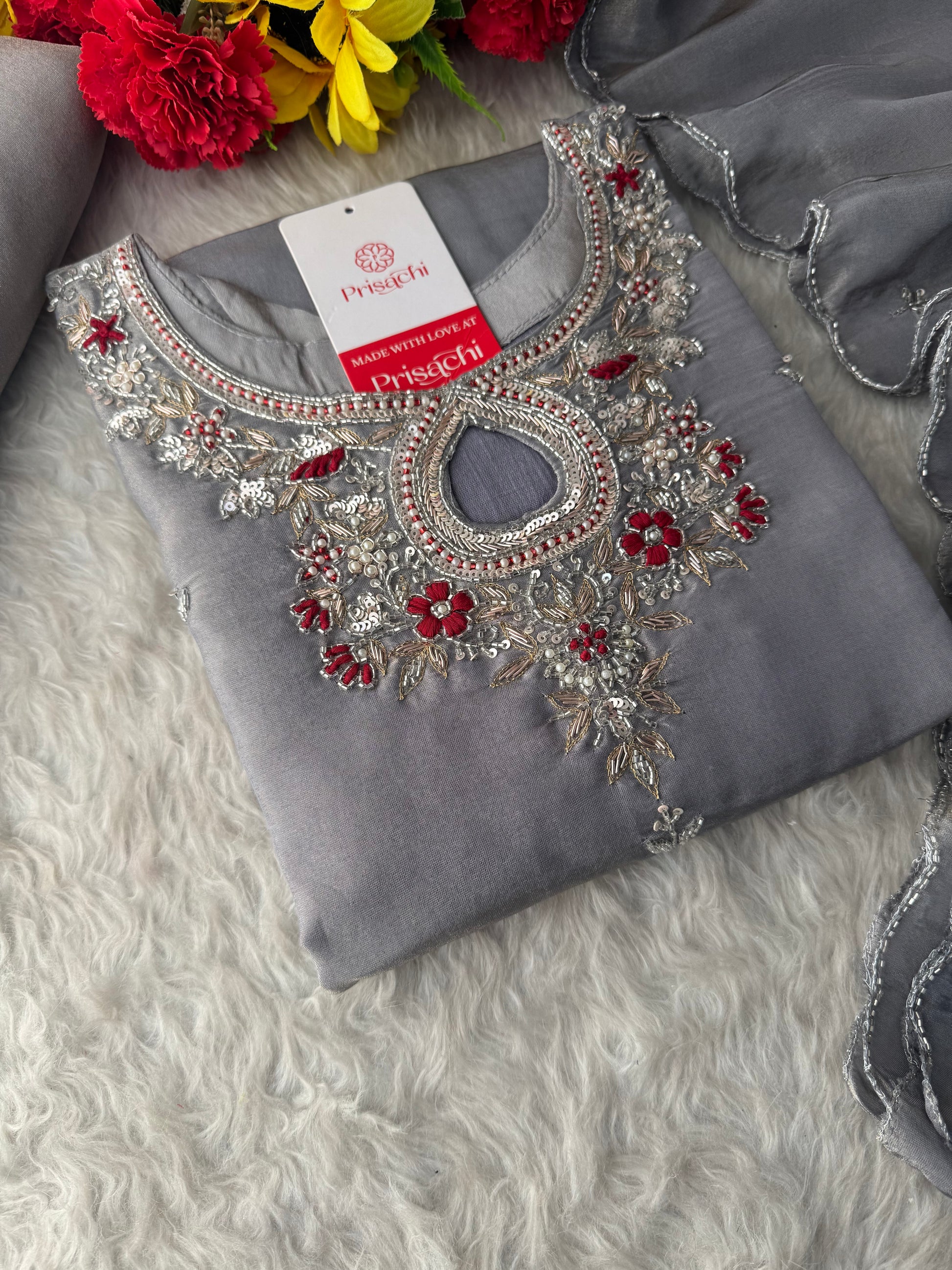 Grey Designer Embroidered Ethnic Kurti Sharara Suit Set with Dupatta | Festive Wedding Wear - Prisachi Official