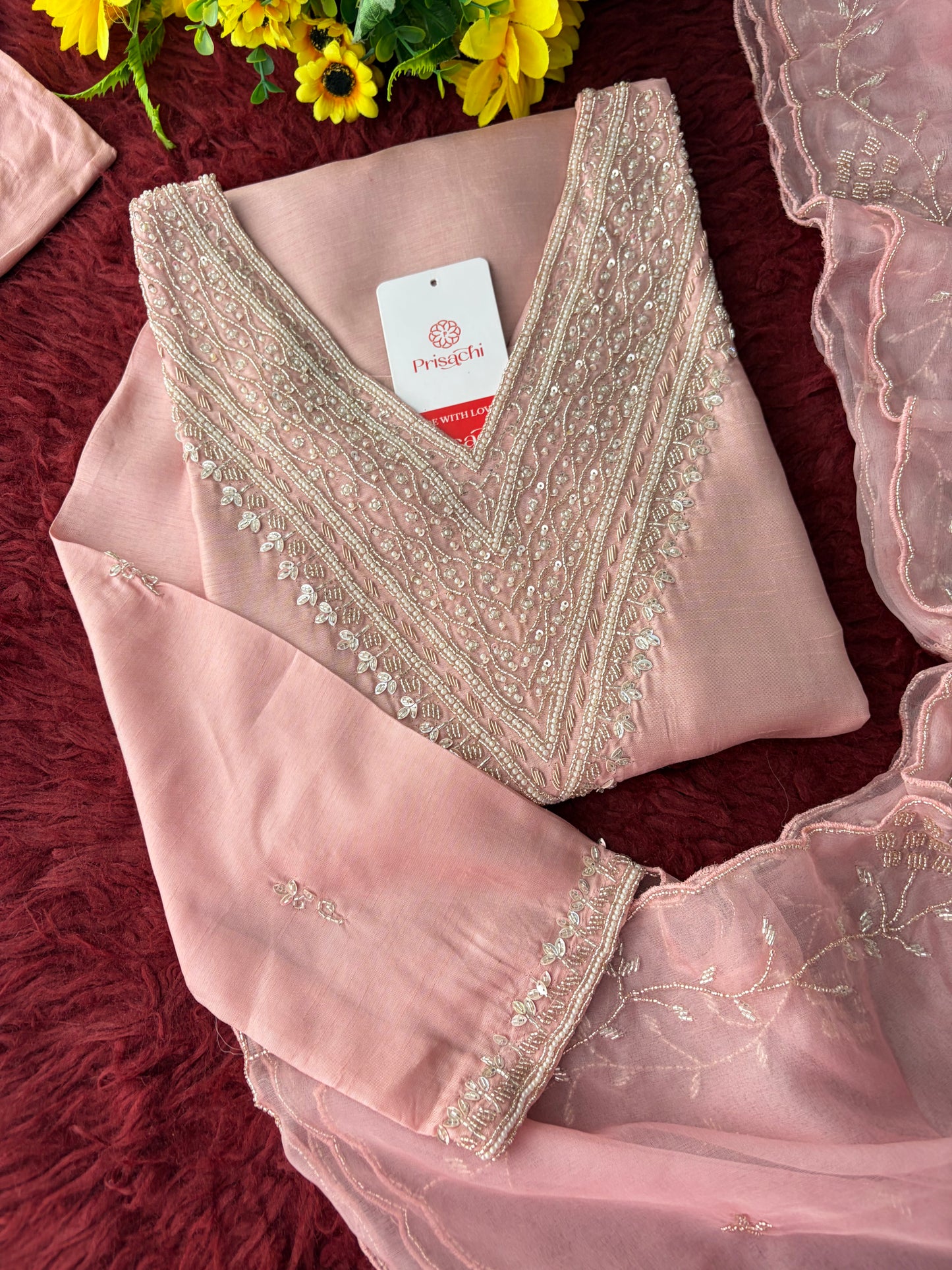 Pink Zardozi Embroidered Kurta Set for Women with Pants & Dupatta | Festive Ethnic wear
