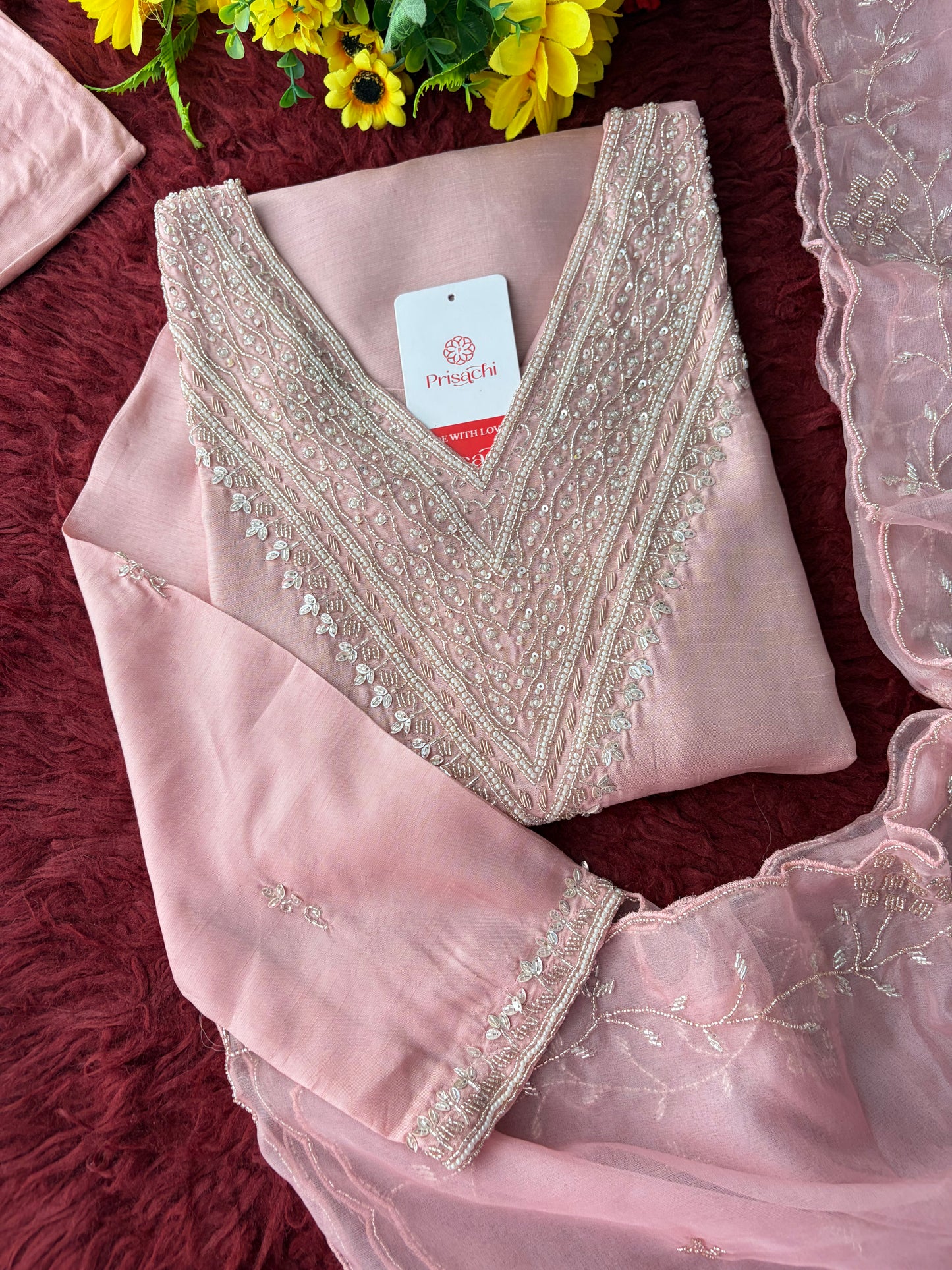Pink Zardozi Embroidered Kurta Set for Women with Pants & Dupatta | Festive Ethnic wear