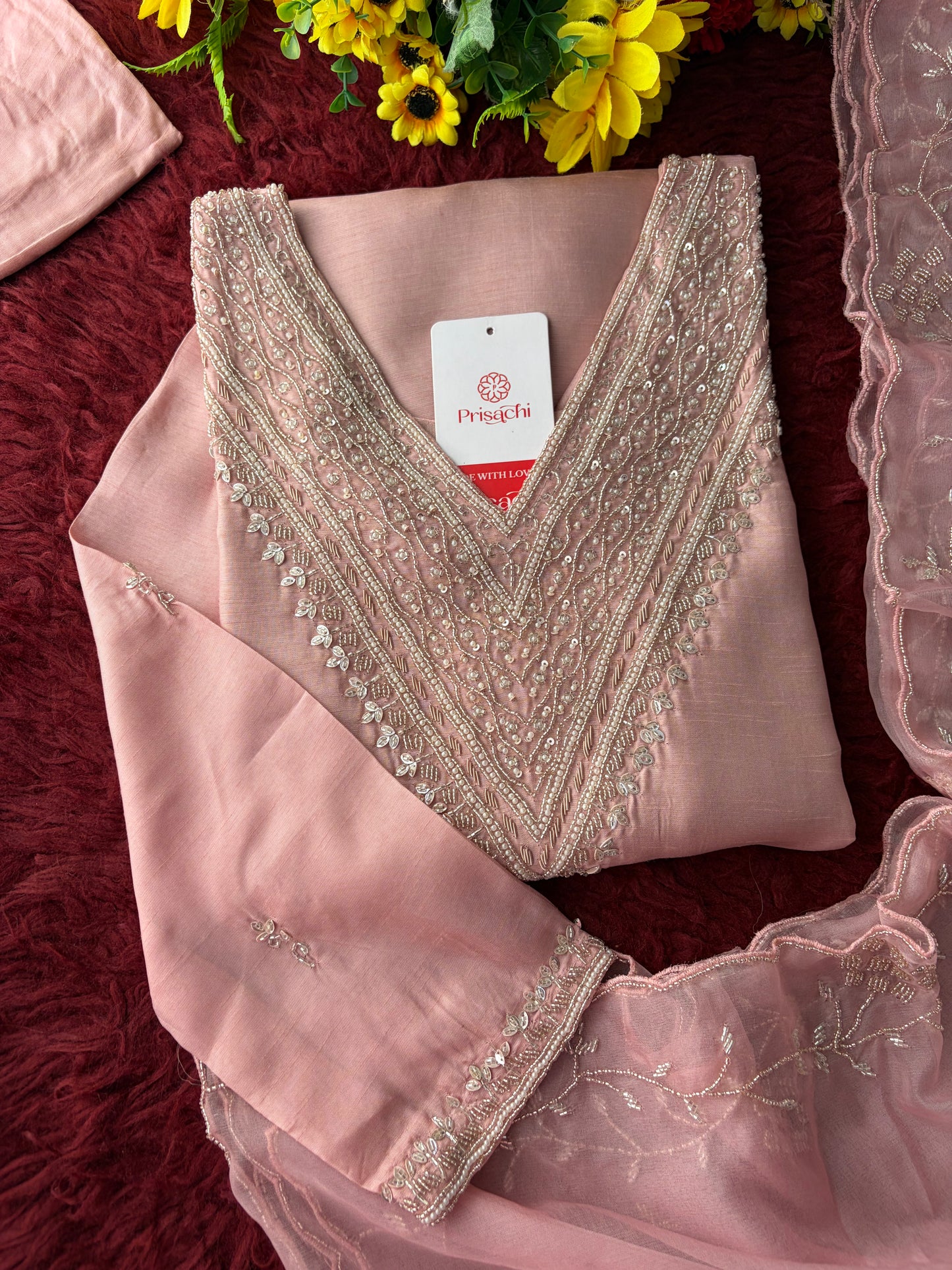 Pink Zardozi Embroidered Kurta Set for Women with Pants & Dupatta | Festive Ethnic wear
