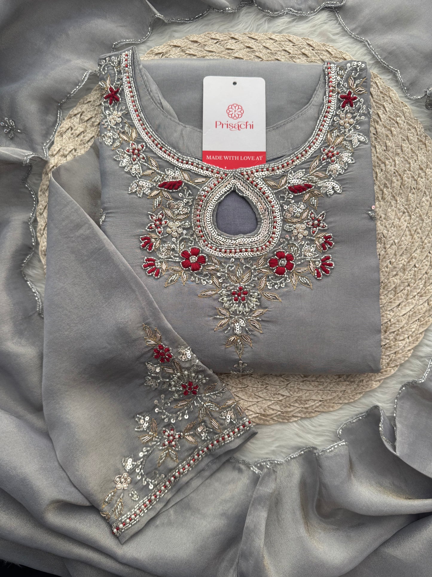 Grey Designer Embroidered Ethnic Kurti Sharara Suit Set with Dupatta | Festive Wedding Wear - Prisachi Official