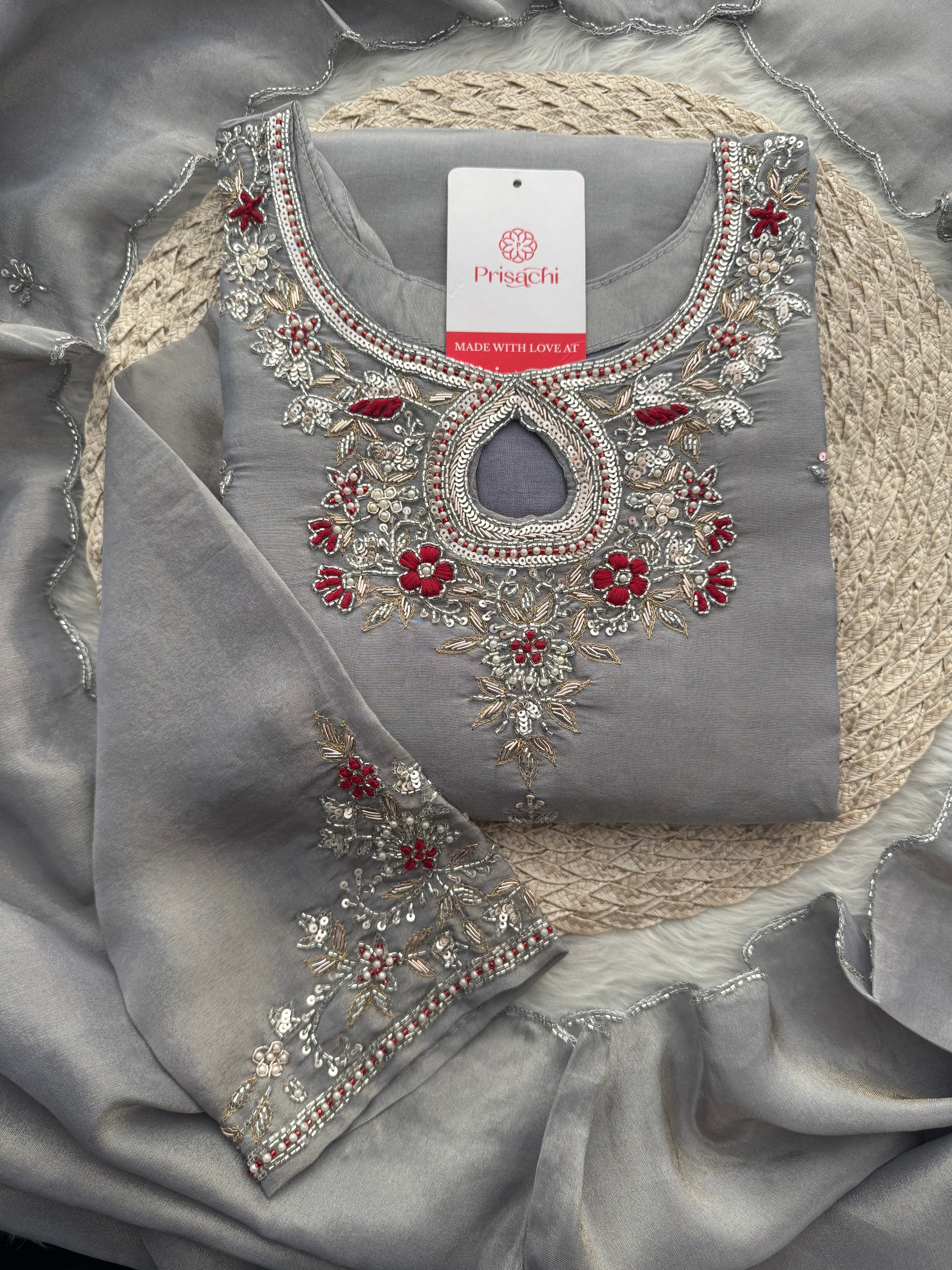 Grey Designer Embroidered Ethnic Kurti Sharara Suit Set with Dupatta | Festive Wedding Wear - Prisachi Official