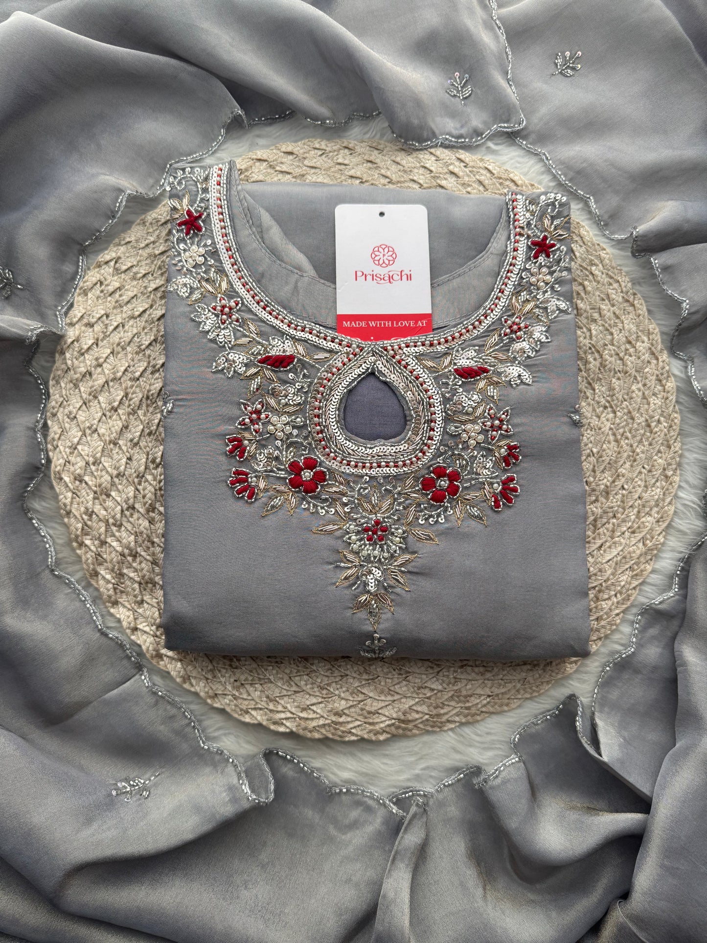 Grey Designer Embroidered Ethnic Kurti Sharara Suit Set with Dupatta | Festive Wedding Wear - Prisachi Official