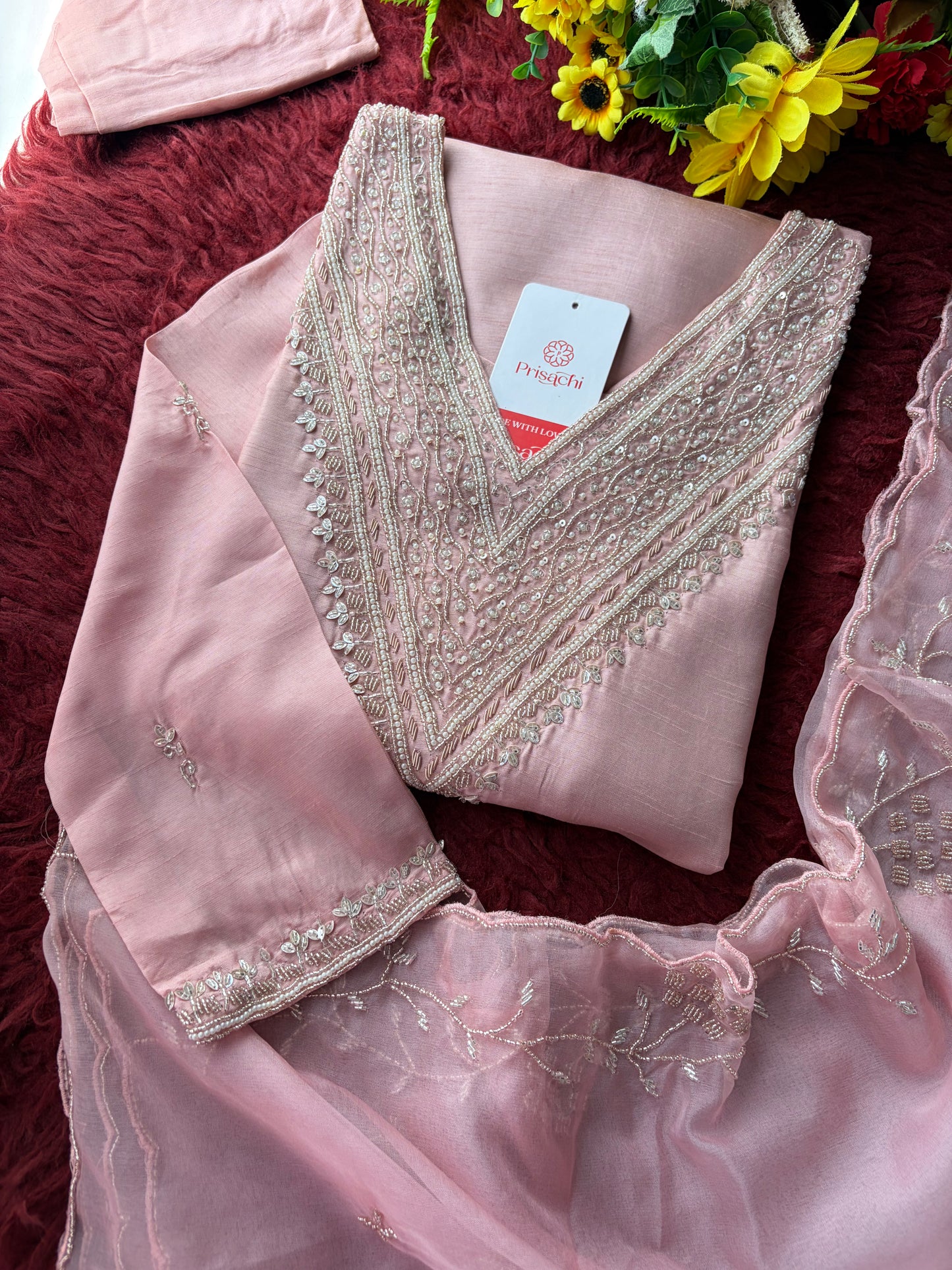 Pink Zardozi Embroidered Kurta Set for Women with Pants & Dupatta | Festive Ethnic wear