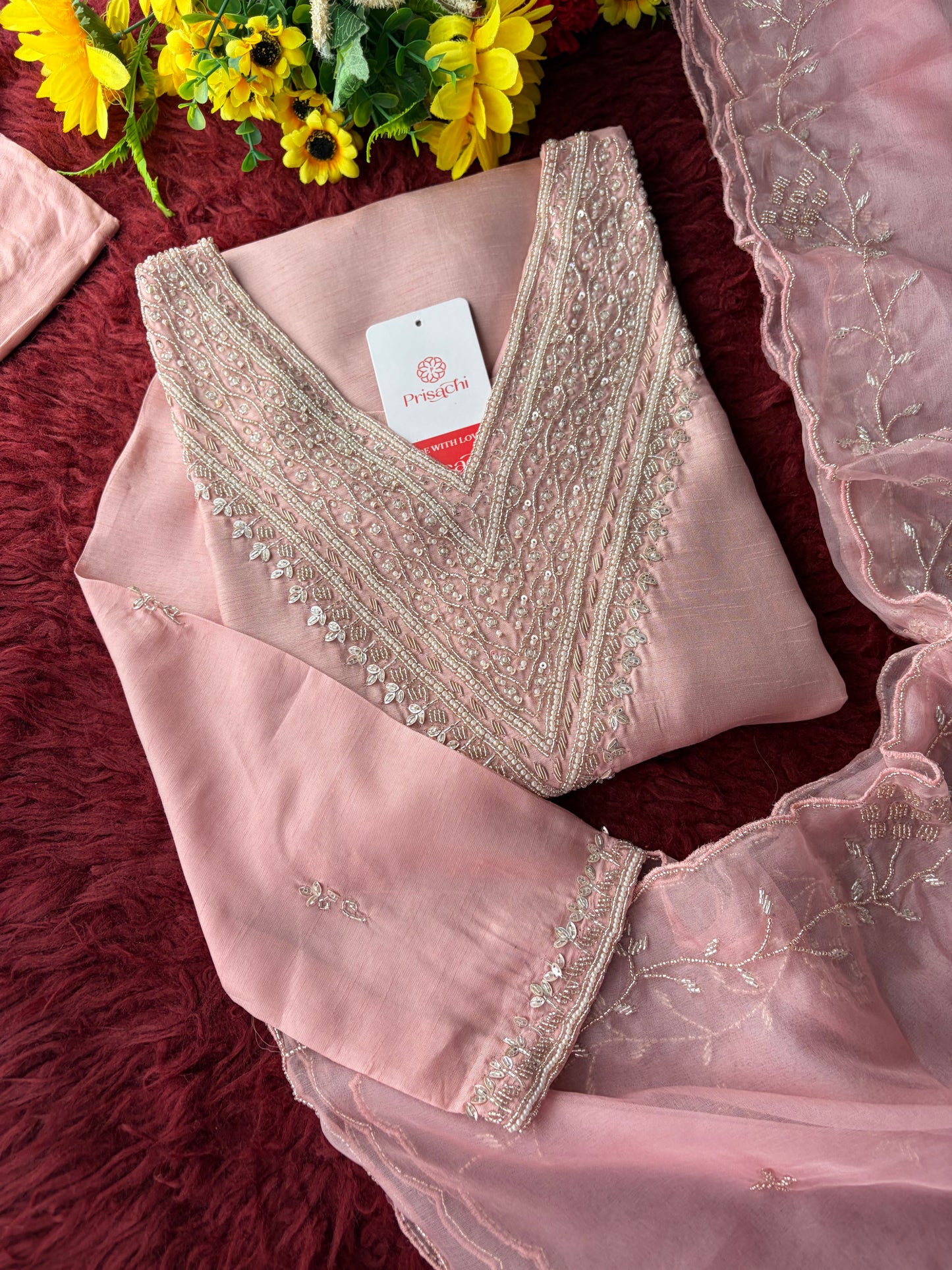 Pink Zardozi Embroidered Kurta Set for Women with Pants & Dupatta | Festive Ethnic wear
