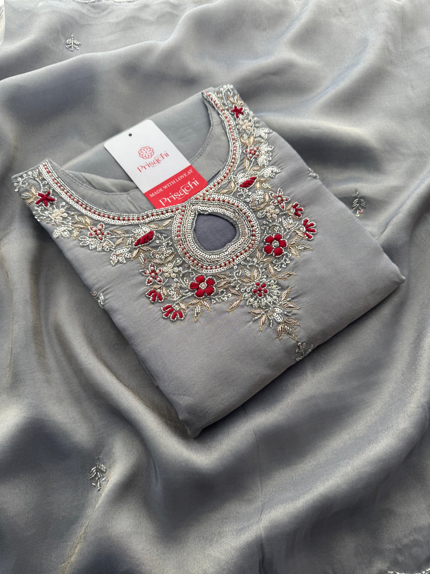 Grey Designer Embroidered Ethnic Kurti Sharara Suit Set with Dupatta | Festive Wedding Wear - Prisachi Official