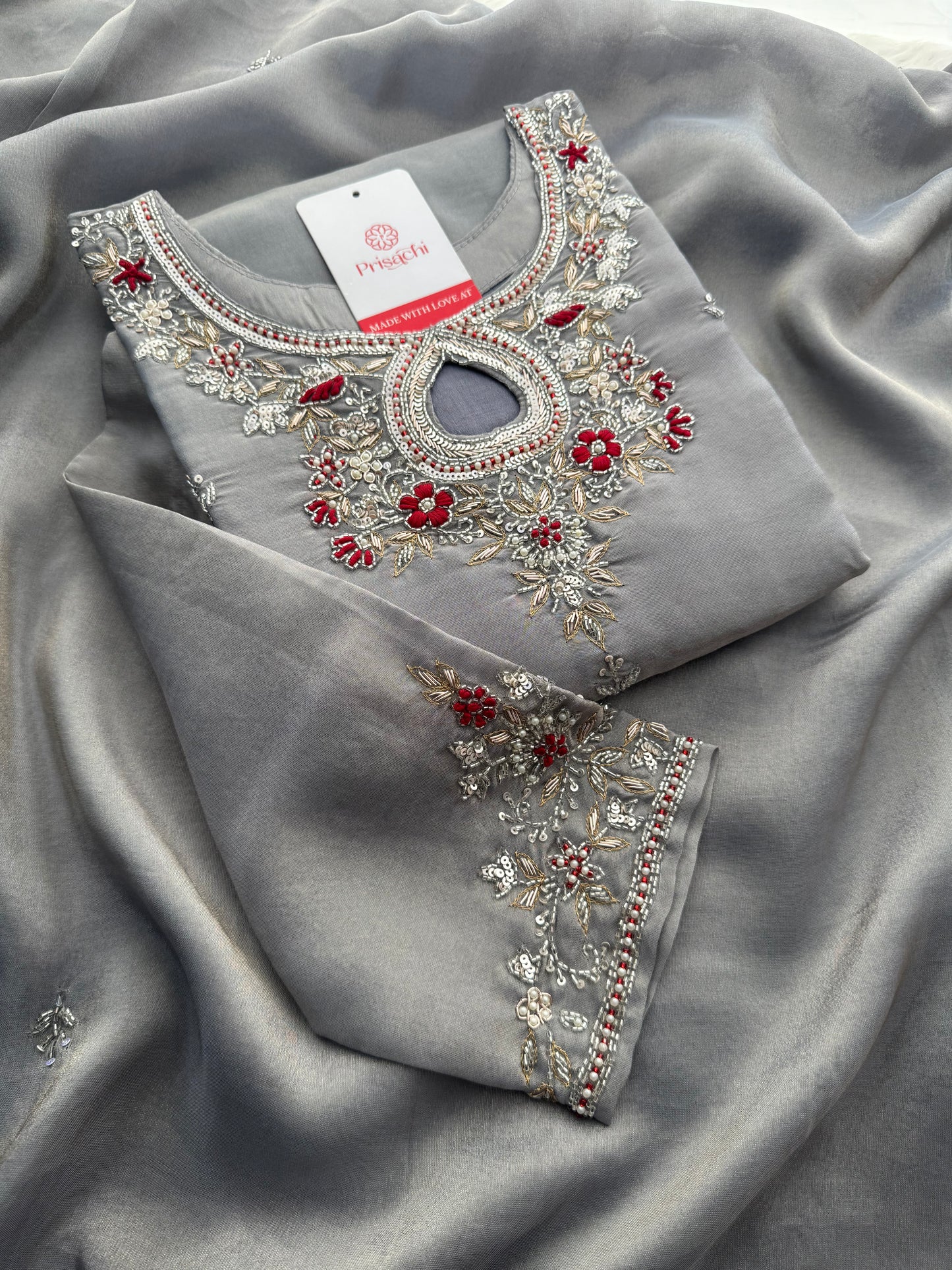 Grey Designer Embroidered Ethnic Kurti Sharara Suit Set with Dupatta | Festive Wedding Wear - Prisachi Official