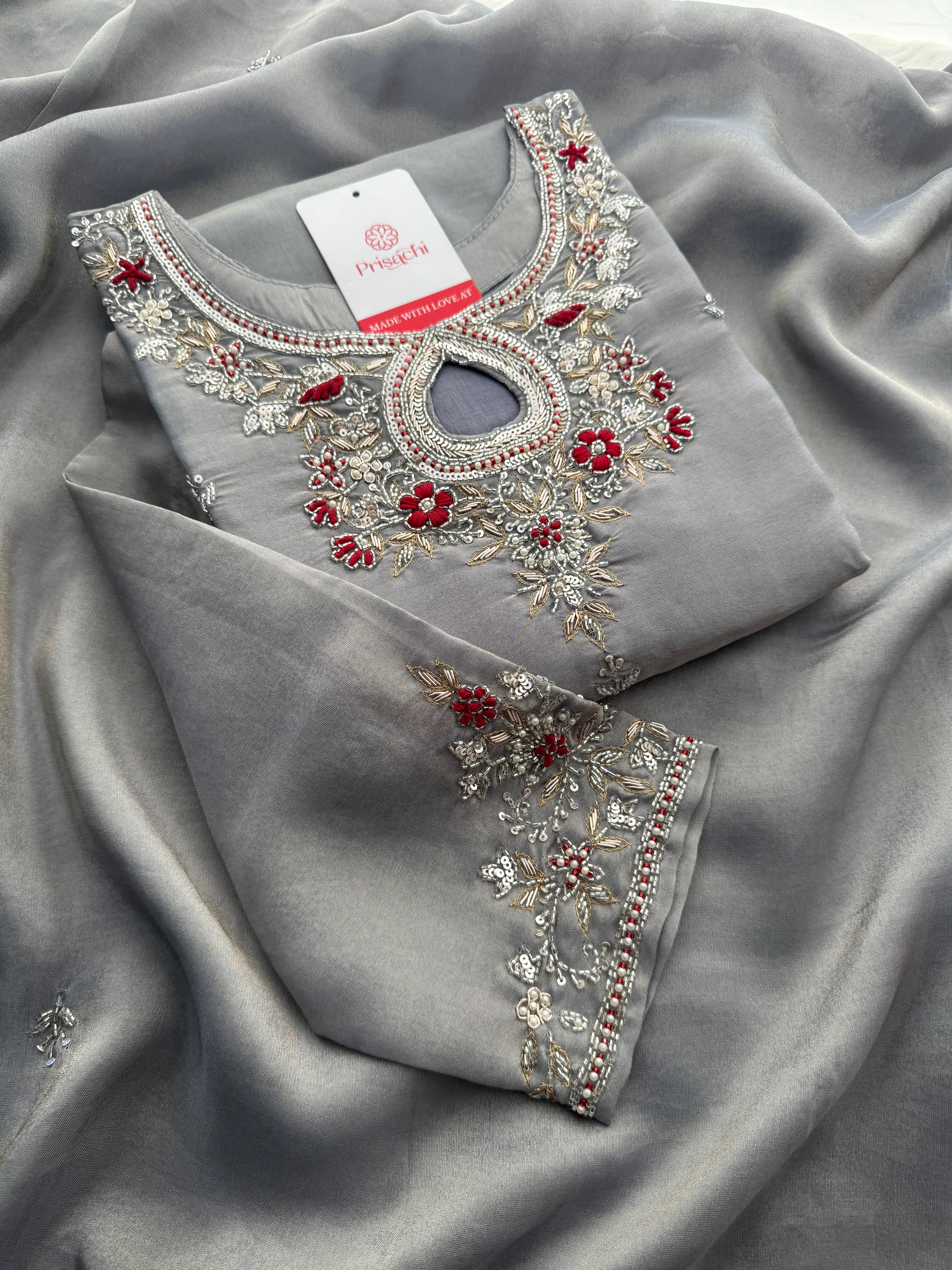 Grey Designer Embroidered Ethnic Kurti Sharara Suit Set with Dupatta | Festive Wedding Wear - Prisachi Official