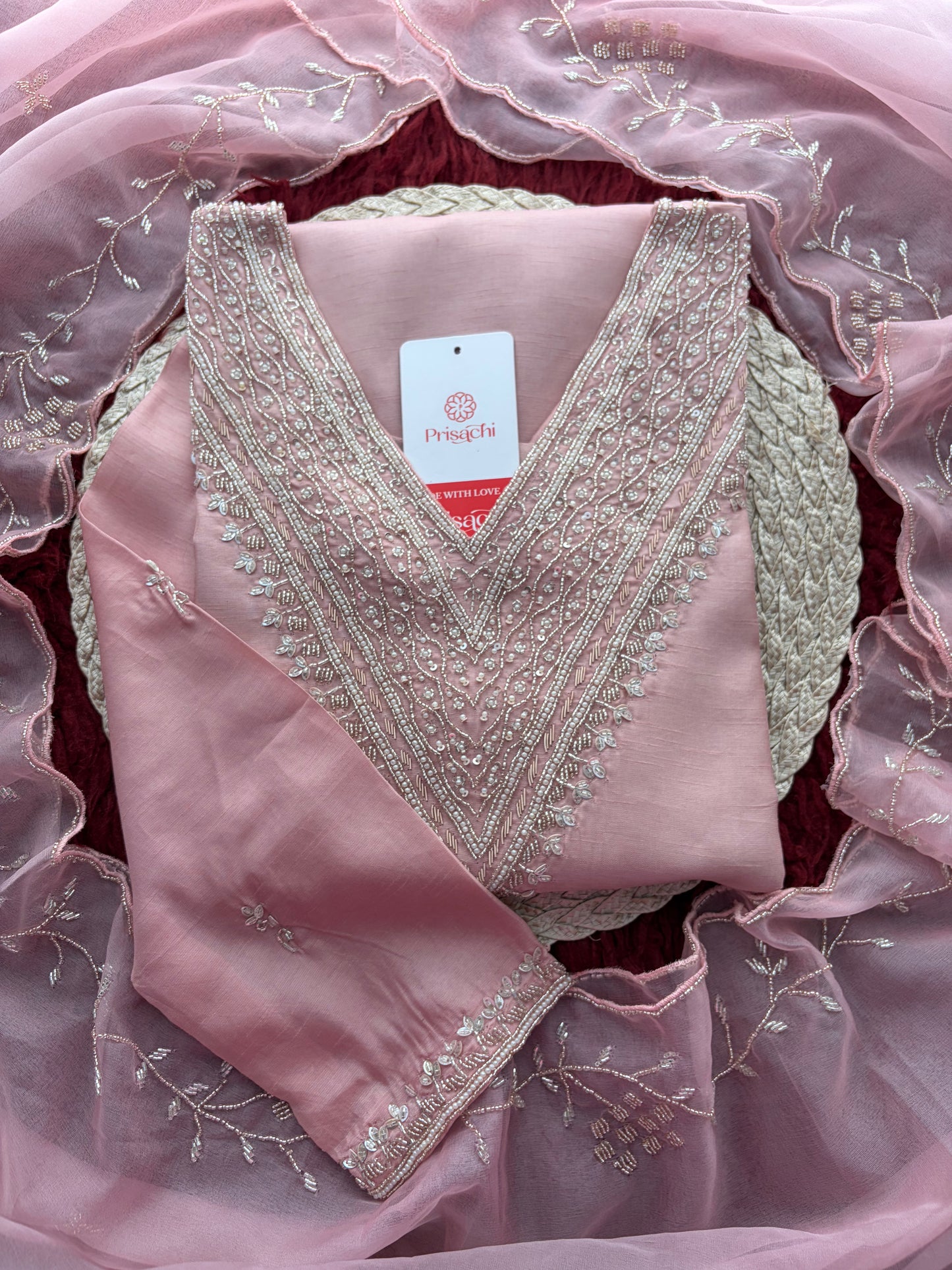 Pink Zardozi Embroidered Kurta Set for Women with Pants & Dupatta | Festive Ethnic wear