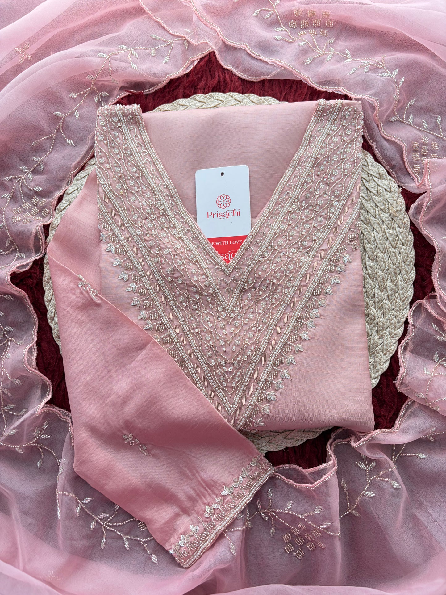 Pink Zardozi Embroidered Kurta Set for Women with Pants & Dupatta | Festive Ethnic wear