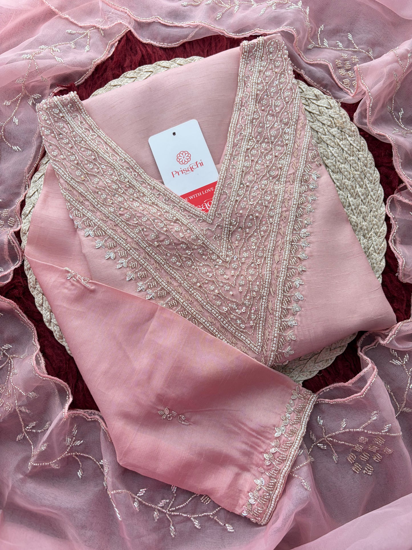 Pink Zardozi Embroidered Kurta Set for Women with Pants & Dupatta | Festive Ethnic wear