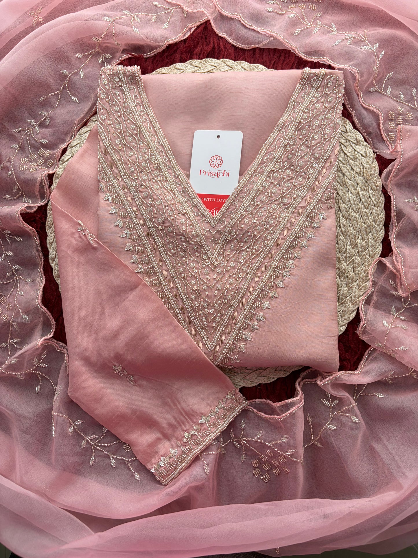 Pink Zardozi Embroidered Kurta Set for Women with Pants & Dupatta | Festive Ethnic wear