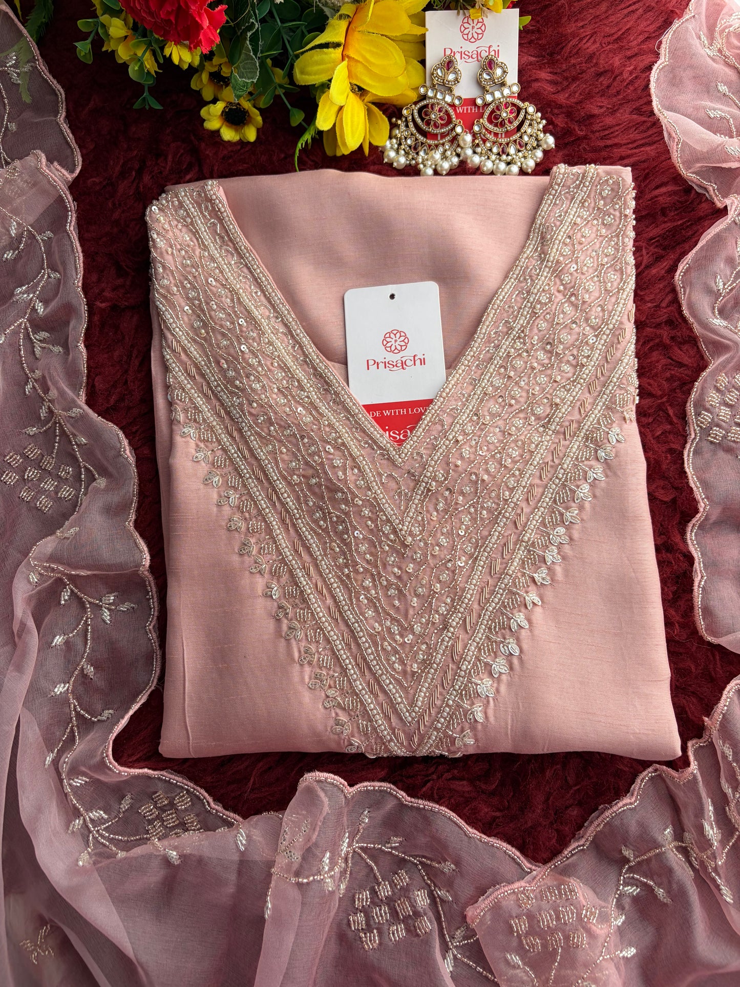 Pink Zardozi Embroidered Kurta Set for Women with Pants & Dupatta | Festive Ethnic wear