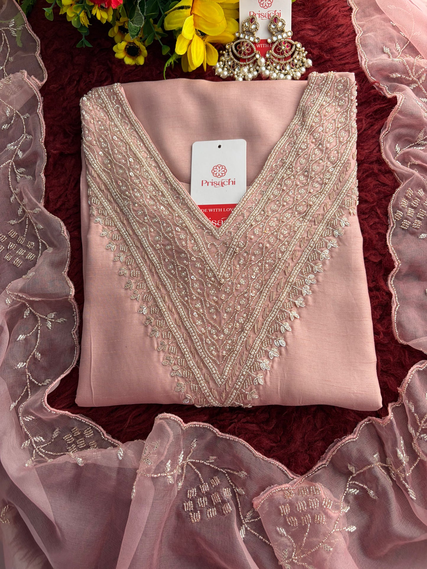 Pink Zardozi Embroidered Kurta Set for Women with Pants & Dupatta | Festive Ethnic wear