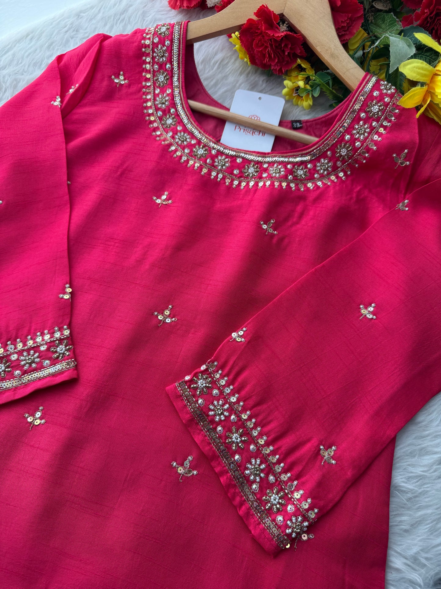 Designer Pink Embroidered Ethnic Kurta Set with Pant & Dupatta - Prisachi Official