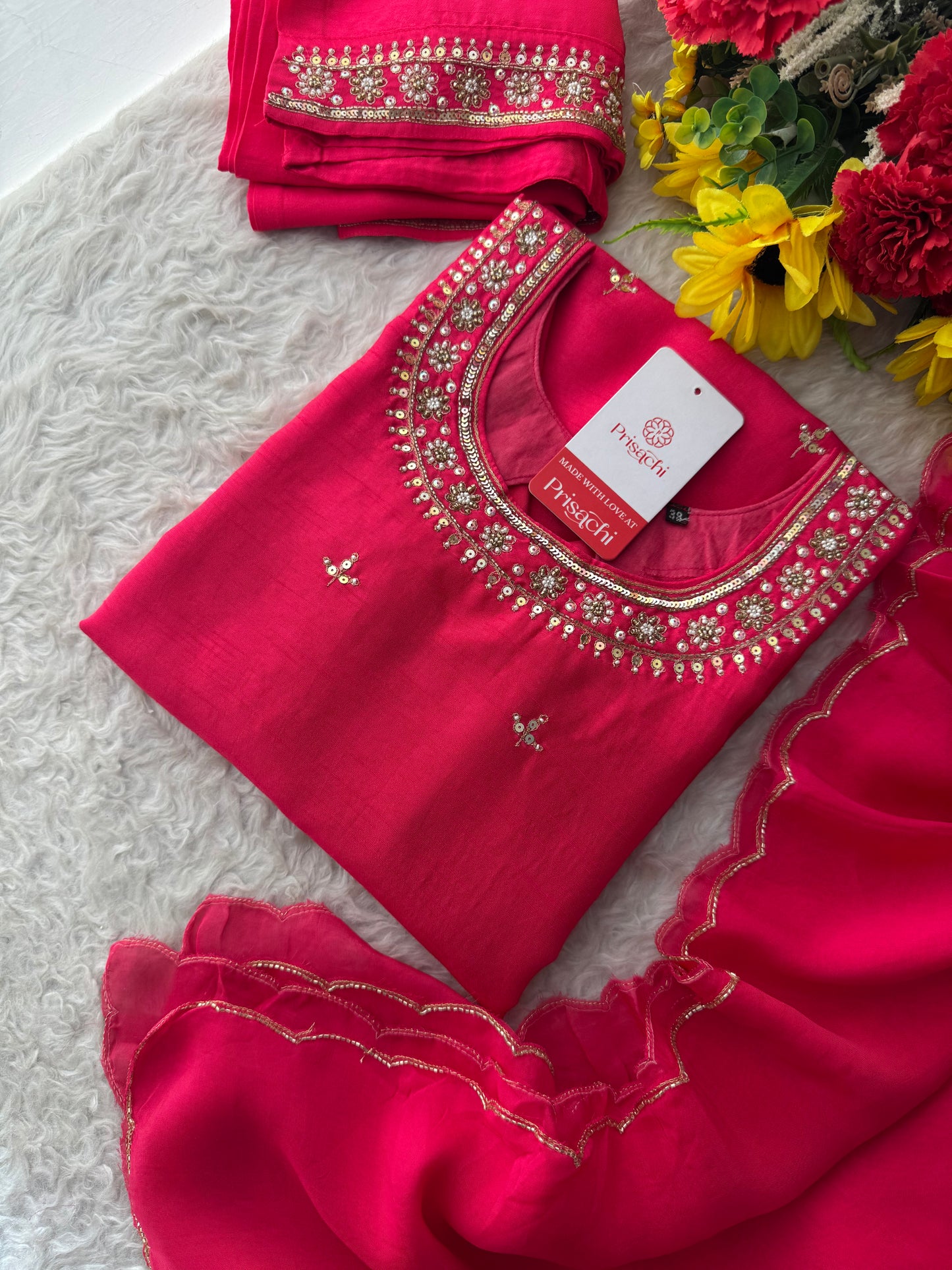 Designer Pink Embroidered Ethnic Kurta Set with Pant & Dupatta - Prisachi Official